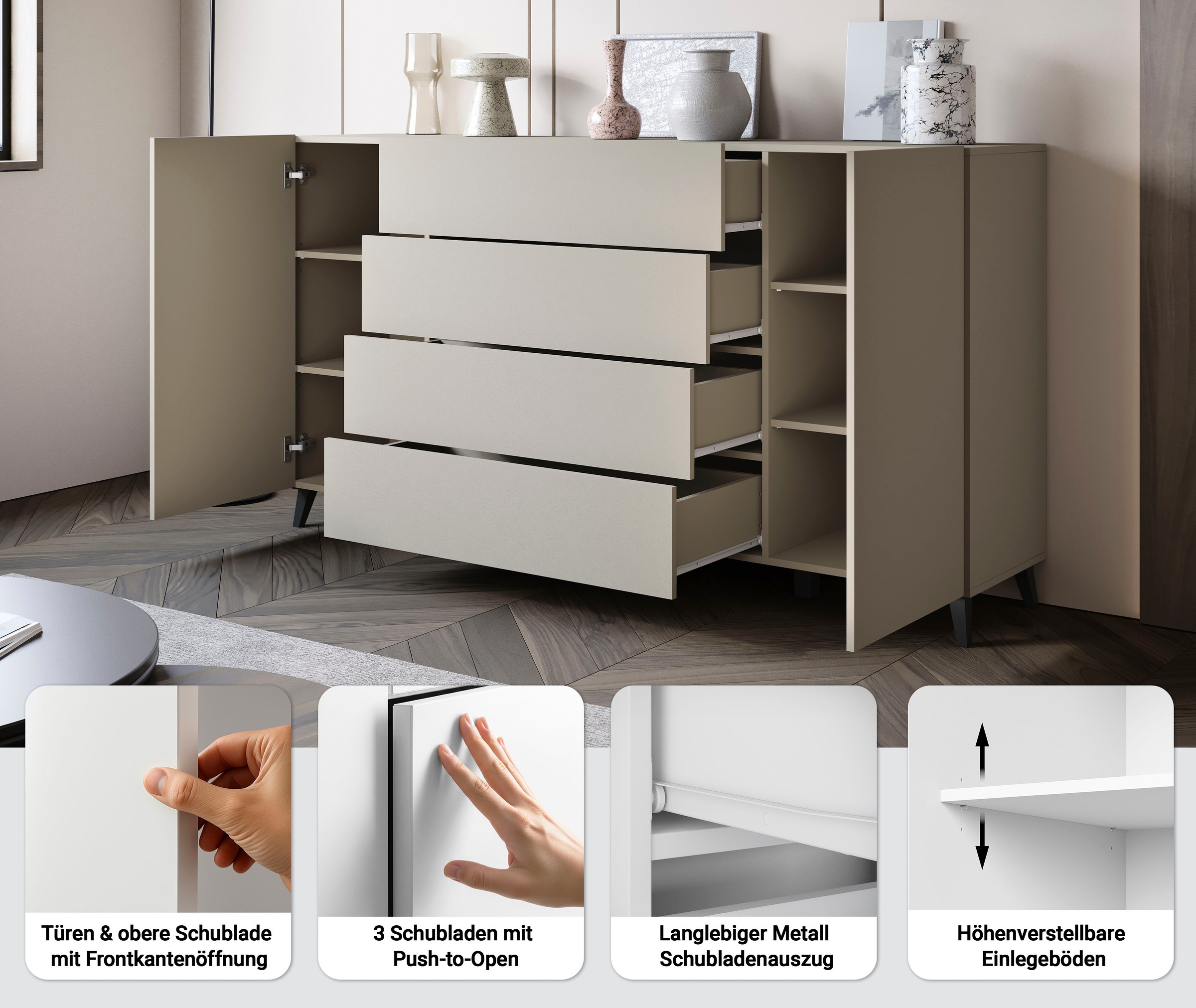Home affaire Sideboard »Phuket 180 cm breit, modernes Design mit Stauraum« 1 Stk. tlg. Kommode mit 2 Türen, 4 Schubladen und verstellbaren Einlegeböden