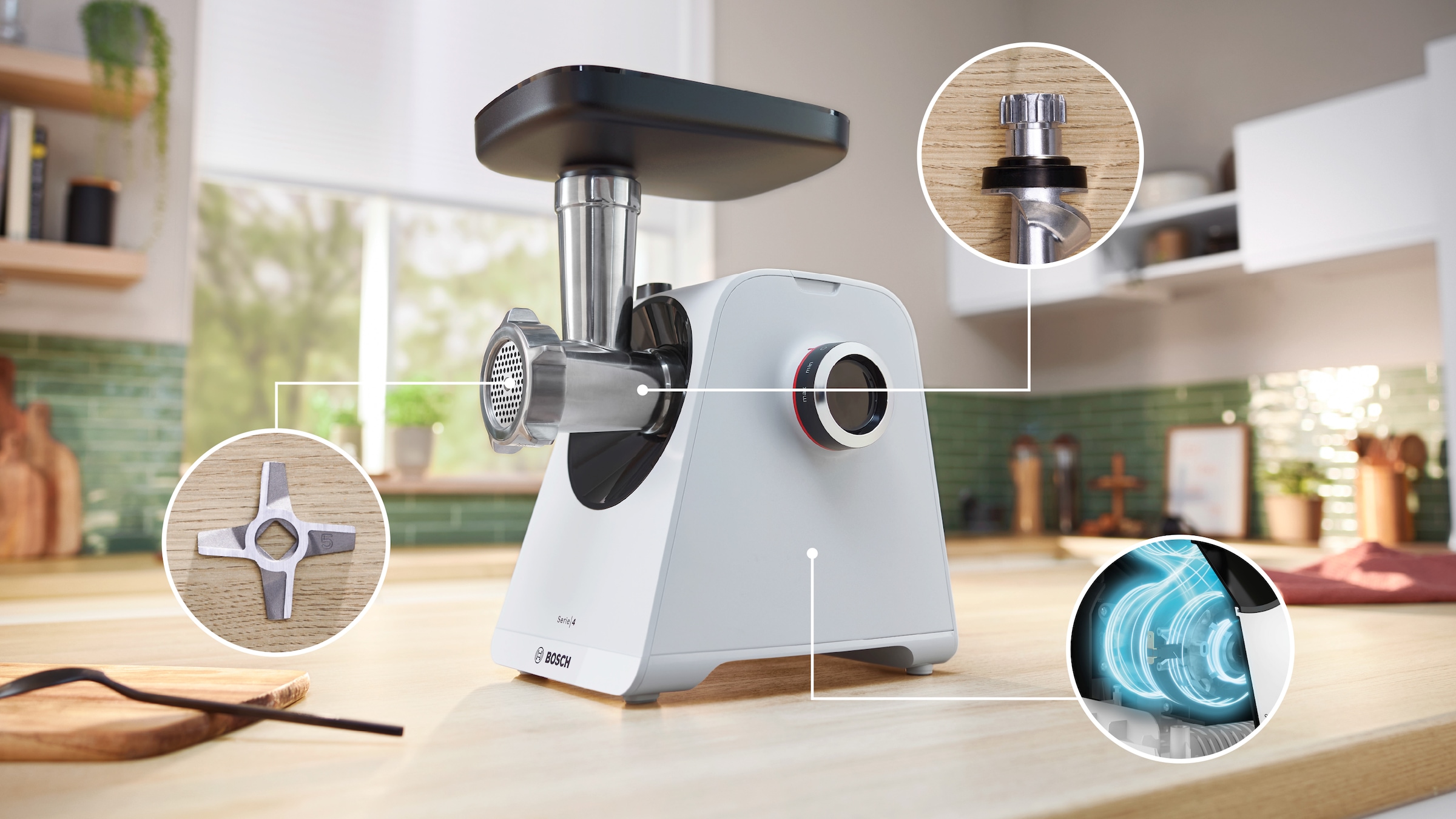 BOSCH Fleischwolf »Serie 4 MFWS420W, 1900 W Blockierlei., 2 Flügel-Messer, 2 Stufen, weiß«, 500 W, Metallkupplung, Wurststopfer, 10 J Motorgarantie, Rücklauffunktion