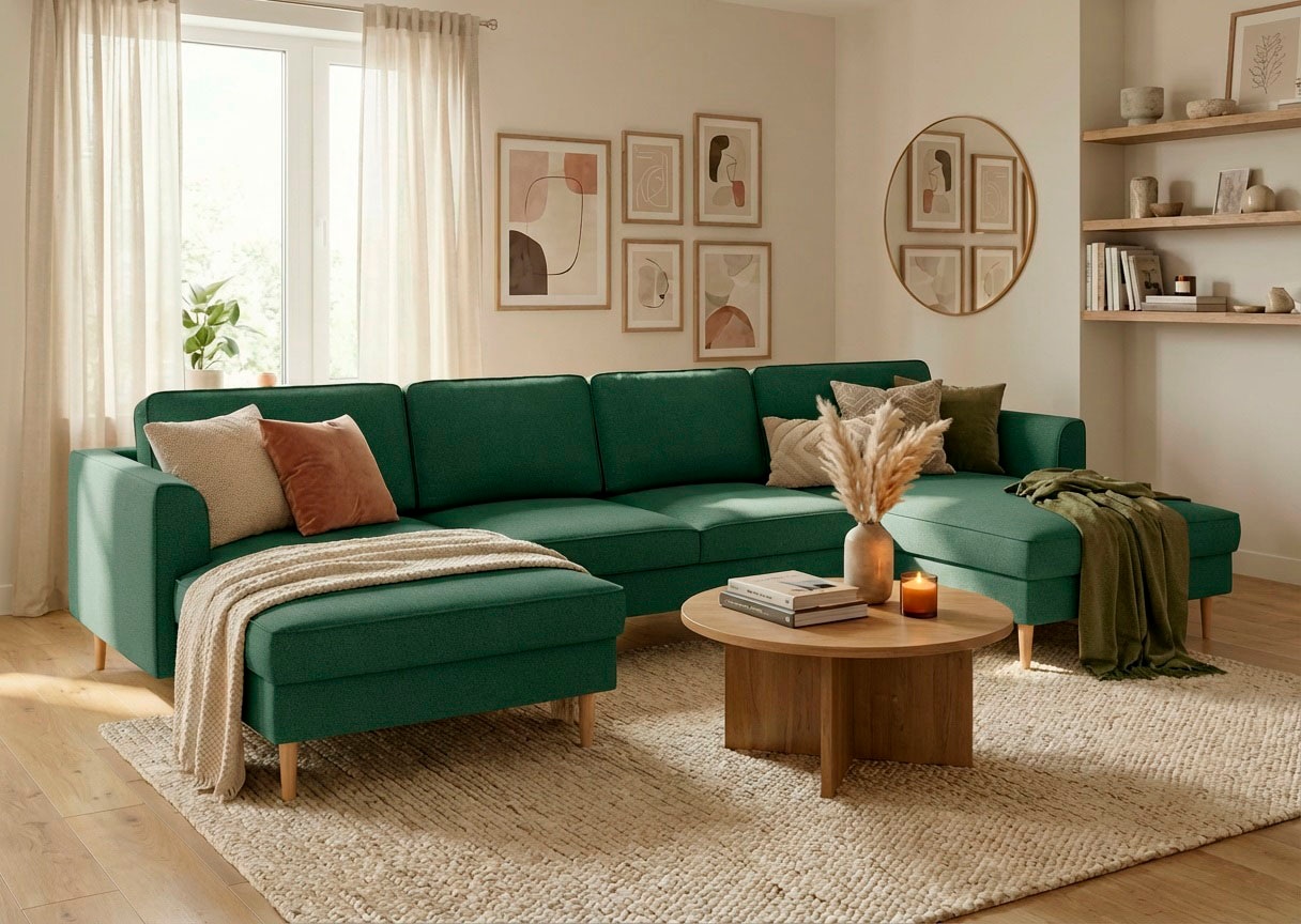 Home affaire Wohnlandschaft »Booster, whlw. mit Schlaffunktion & Bettkasten, Fuß Buche lackiert« Sofa in U-Form, Breite 305 cm, in Cord oder Struktur