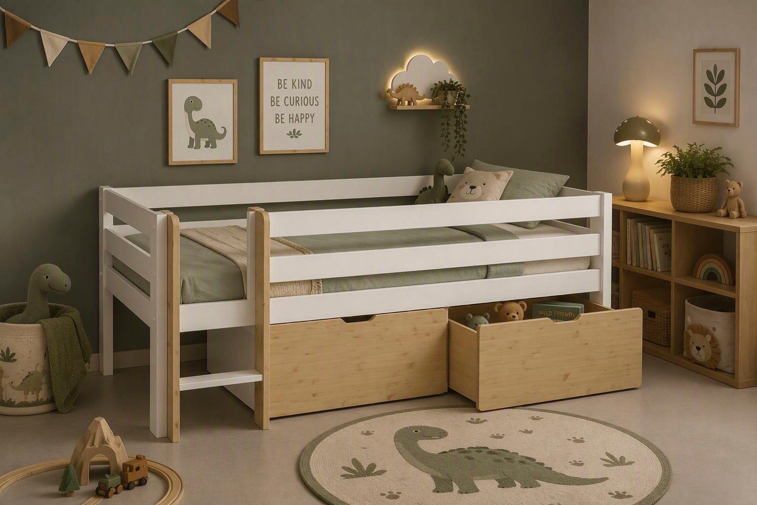 OTTO home Kinderbett »Tide, maximaler Stauraum durch Schubkästen, Massivholz« Kinderbett inklusive Lattenrost und 2 Bettkästen, 4 tlg. Hochbett mit Rausfallschutz, Made in EU