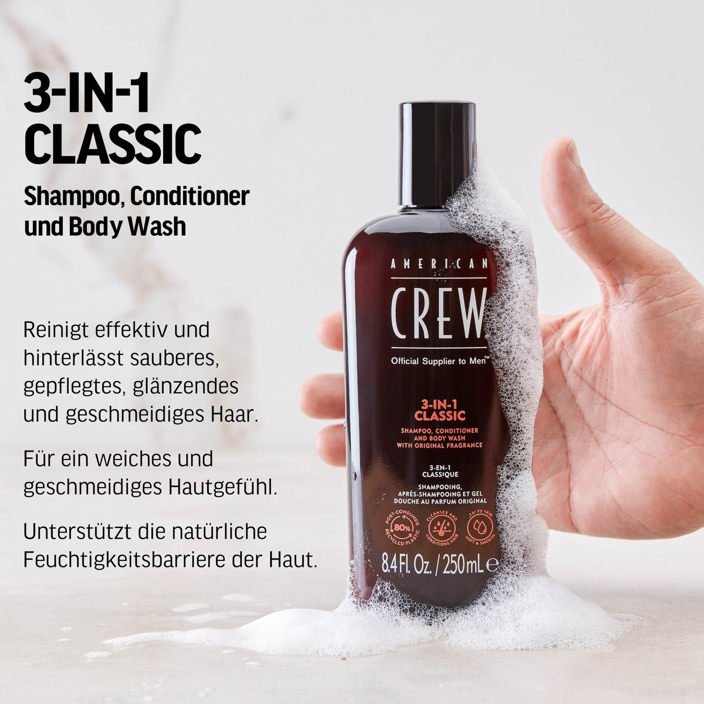 American Crew Haarshampoo »3In1 Classic Shampoo, Conditioner & Body Wash 250 ml«, (1 tlg.)