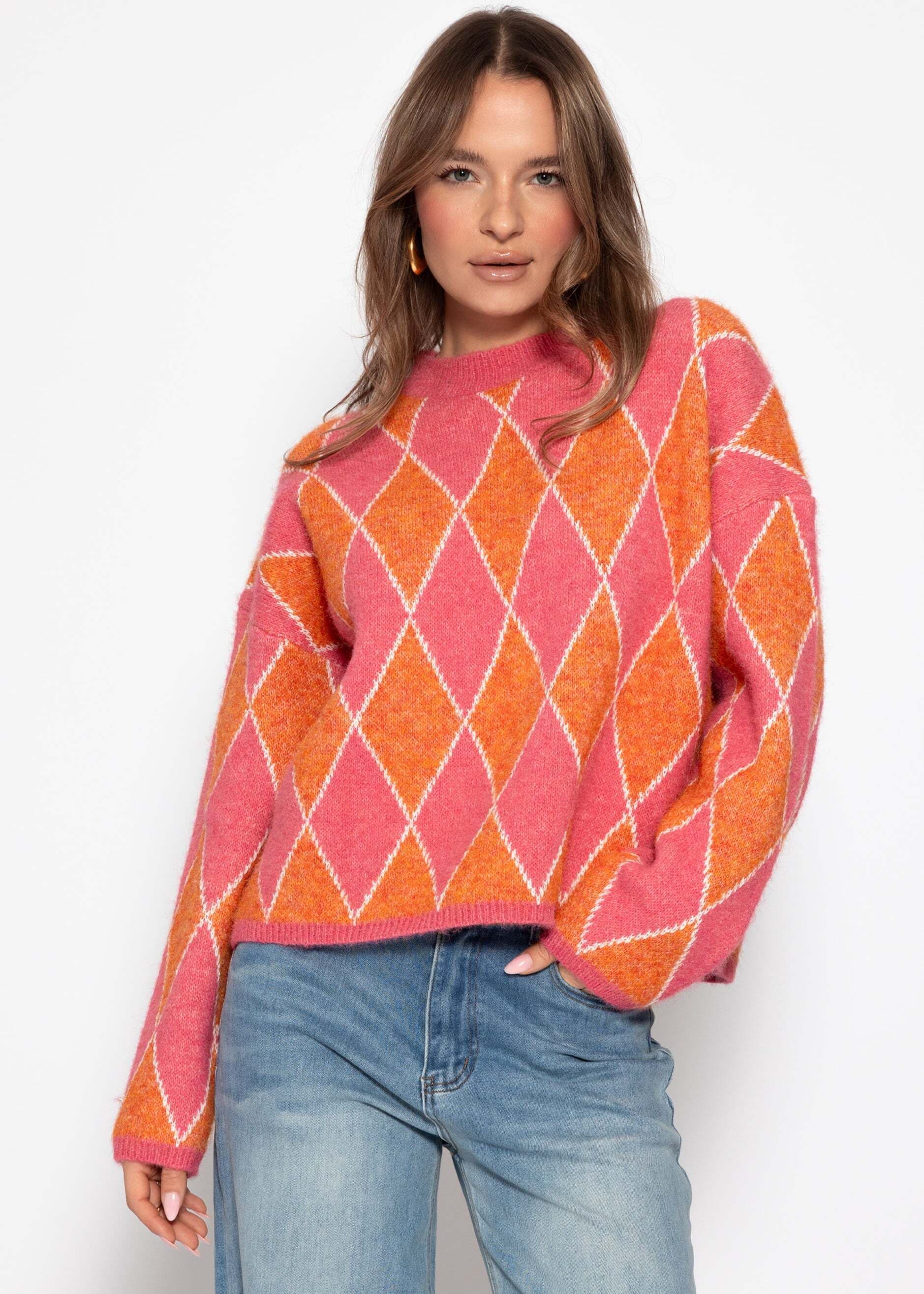 SASSYCLASSY Strickpullover »Oversize Strickpullover mit Rautenmuster« Lässiges Oberteil in Grau Braun