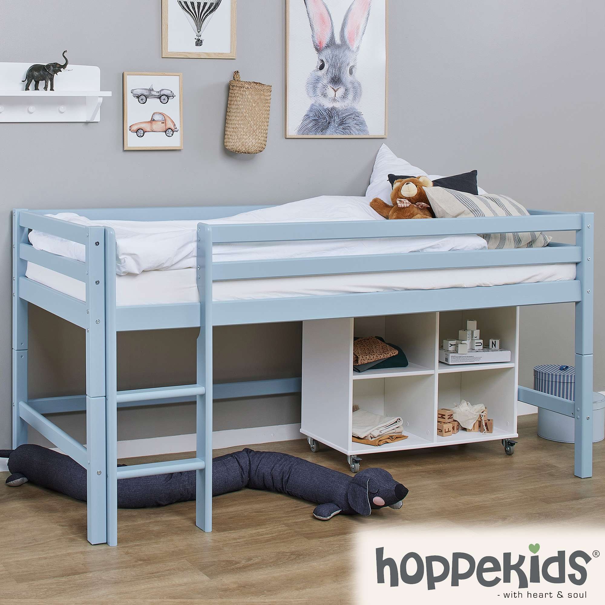 Hoppekids Spielbett »ECO Dream MY COLOR, Kinderbett, Hochbett, 90x200 Massivholz«, mit drei Seiten und Rausfallschutz, umbaubar in Einzelbett