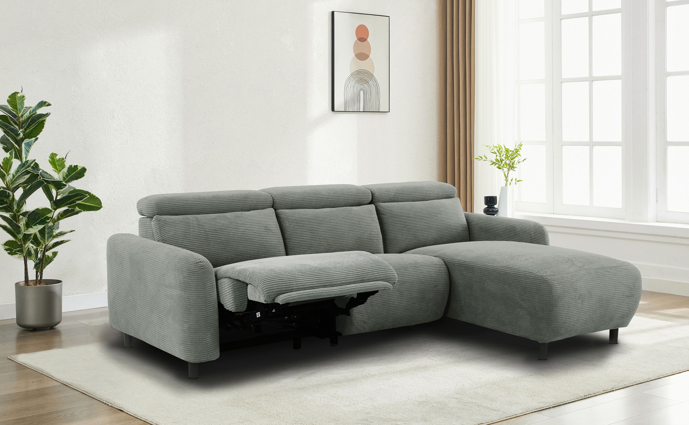 Home affaire Ecksofa »SKAANE in Cord, L-Form, 274 cm, manuelle u. elektrische Funktion,«, rundes Design, Kopfteilverstellung, Federkernpolsterung