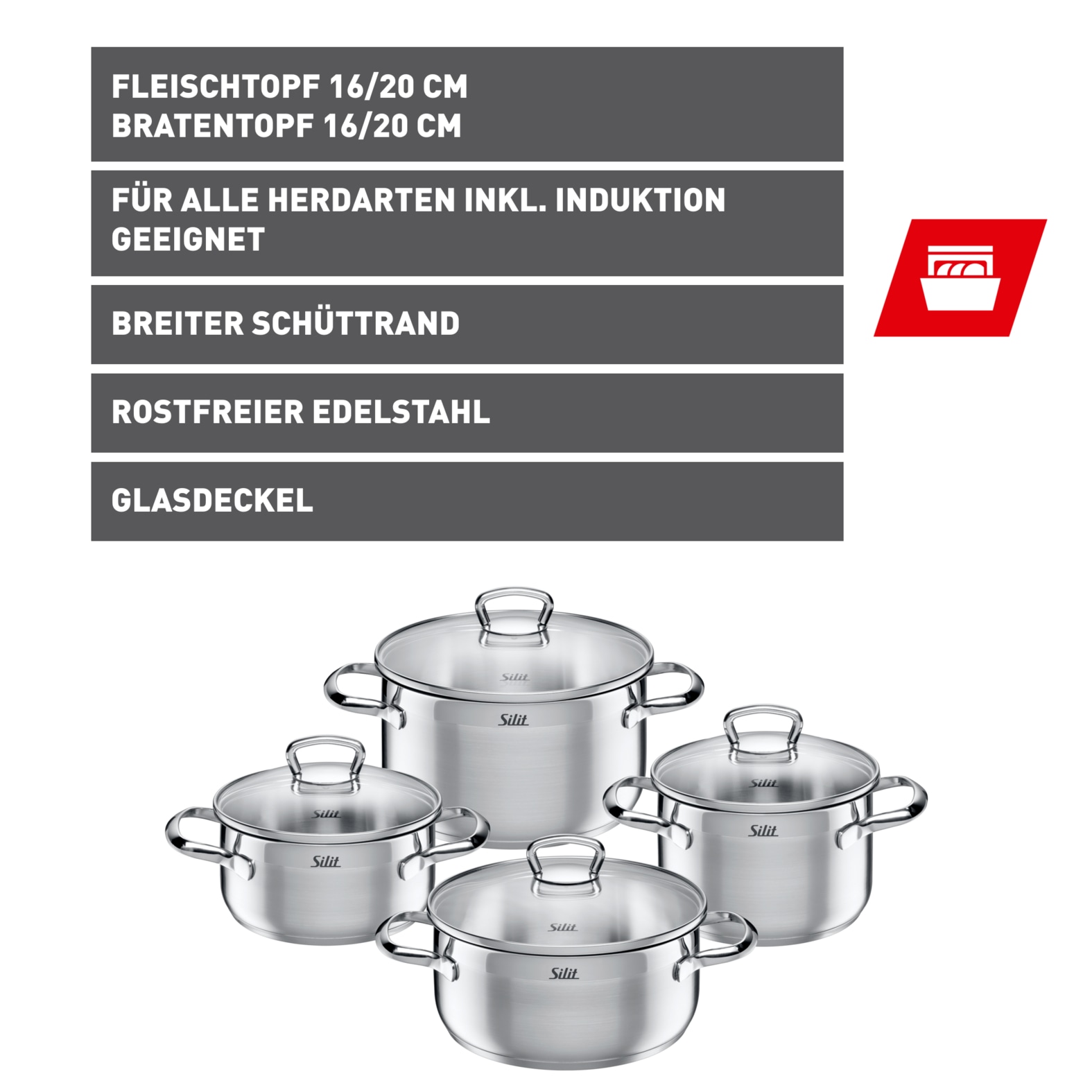 Silit Topf-Set »Toskana Induktion, Kochtopf Set mit Glasdeckel, teilmattiert«, Edelstahl 18/10, (Set, 8 tlg., je 1 Bratentopf Ø 16/20 cm, je 1 Fleischtopf Ø 16/20 cm), Induktions Töpfe Set, für alle Herdarten geeignet, ohne Skalierung