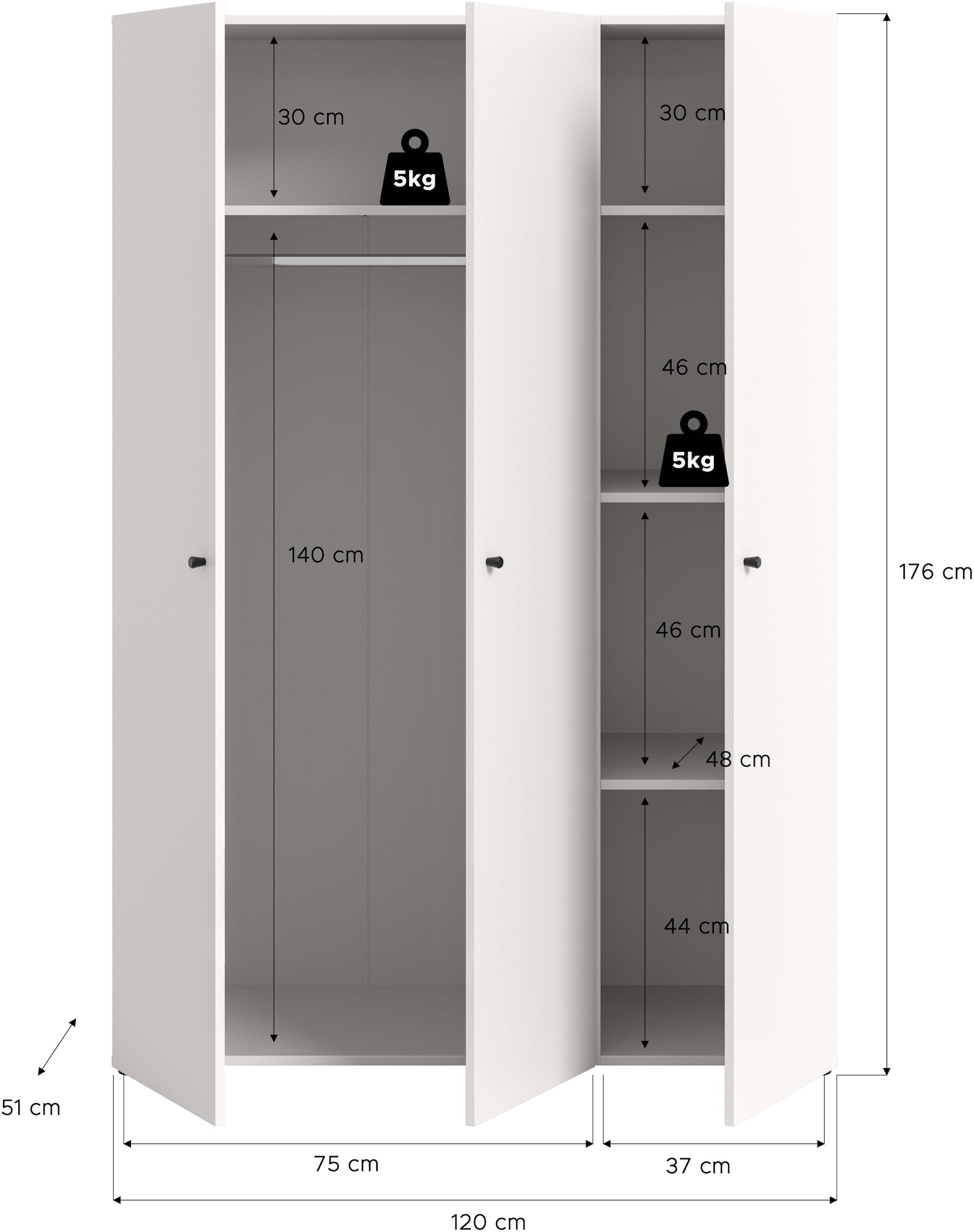Home affaire Kleiderschrank »BILLINGS, TOPSELLER!, Schlafzimmerschrank, Schrank, Garderobenschrank«, (OTTO BESTSELLER, Garderobe & Schlafzimmer), Breite 130cm, weiß, 3-türig, inkl. 1 Kleiderstangen und 4 Ablageböden