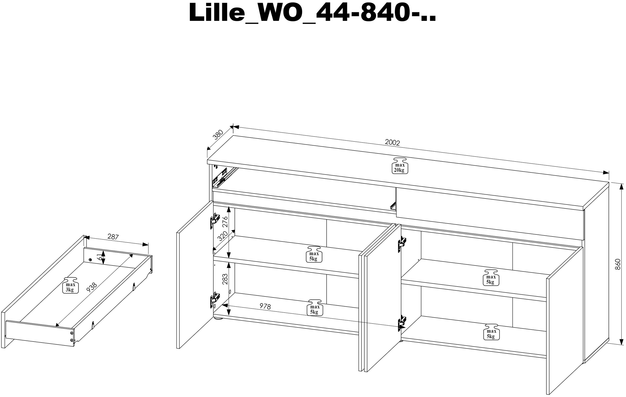 HBZ Sideboard »Lille inkl. LED-Beleuchtung, BxHxT 200x86x38 cm«, (1 St.), Mit 4 Türen, 2 Schubkästen, 2 Einlegeböden