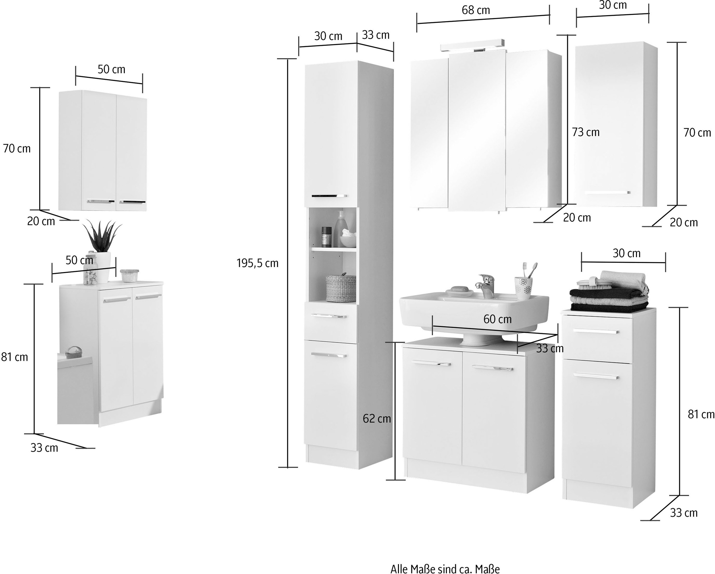 Saphir Badmöbel-Set »Quickset 335 7-teilig, Waschbeckenunterschrank mit LED-Spiegelschrank«, (7 St.), Hochschrank, Unterschränke, Hängeschränke, inkl. Türdämpfer, 13 Türen
