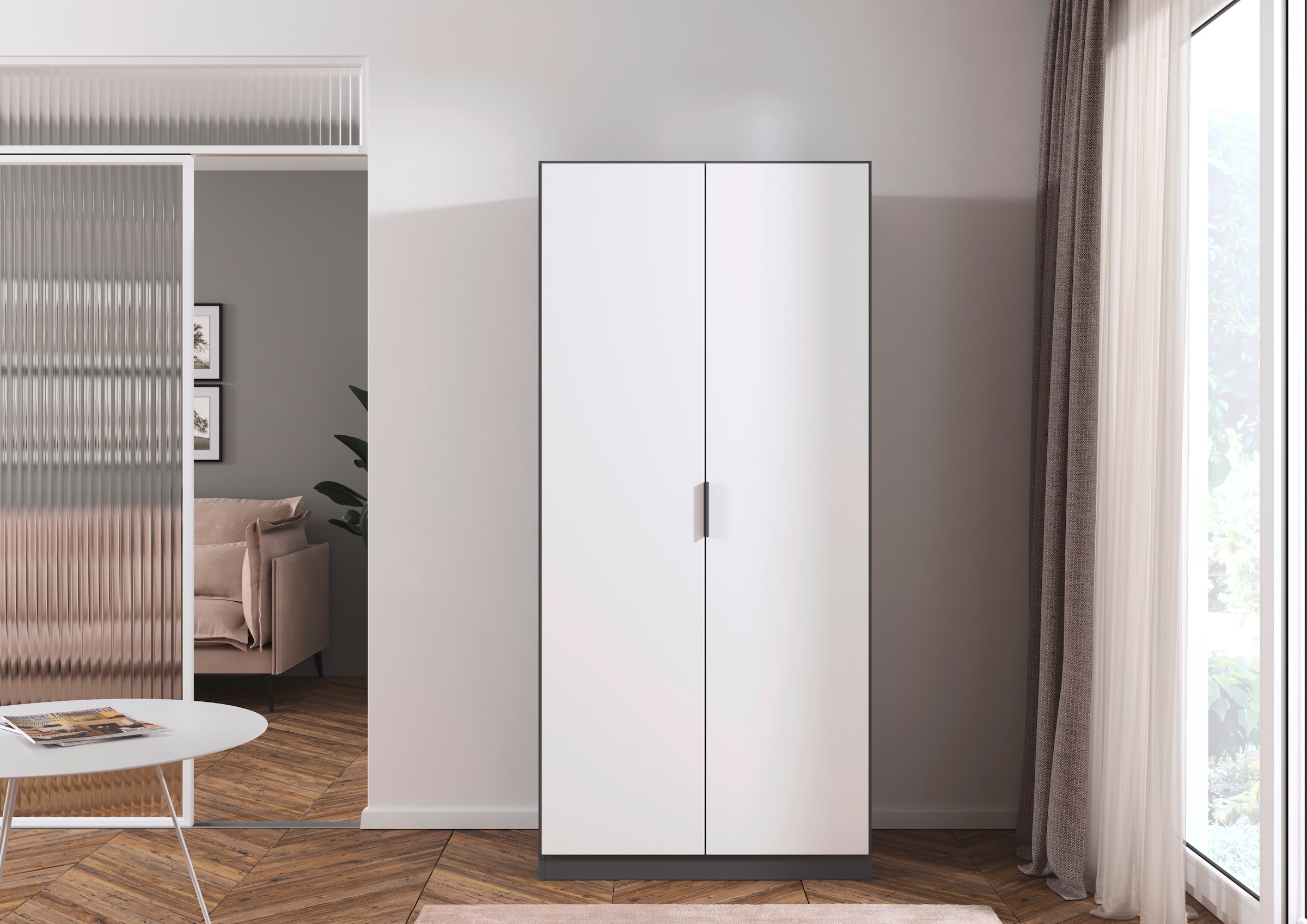 rauch Kleiderschrank »Drehtürenschrank Schrank Garderobe Ankleide Schlafzimmer LAGOA« 3 verschiedene Ausstattungen BASIC/CLASSIC/PREMIUM (inkl. SOFT-CLOSE),  moderne Kantengriffe aus Metall, optional mit Aufsatz MADE IN GERMANY