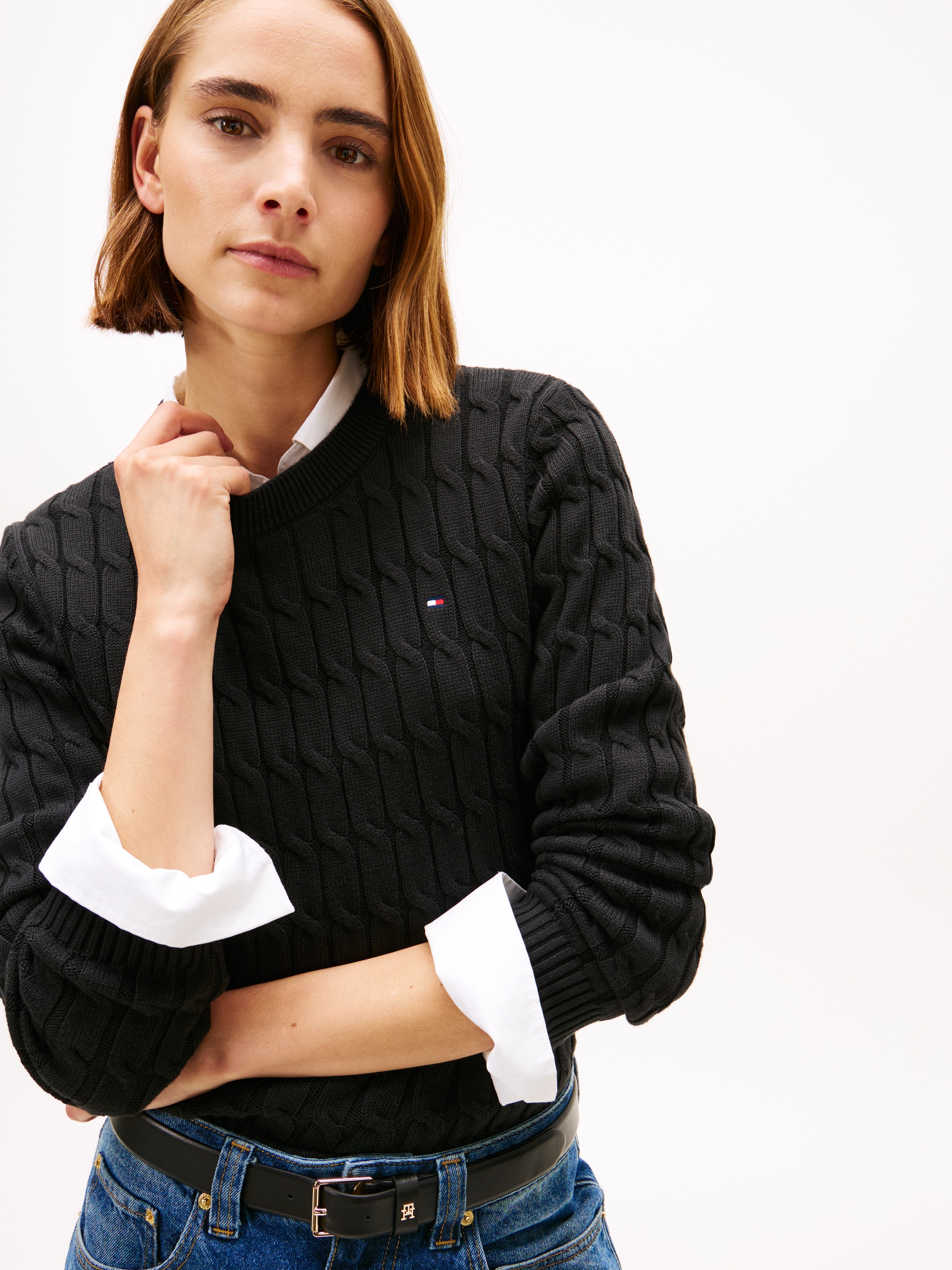 Tommy Hilfiger Rundhalspullover »CO CABLE MID GG C-NK LS SWT« mit Zopfmuster