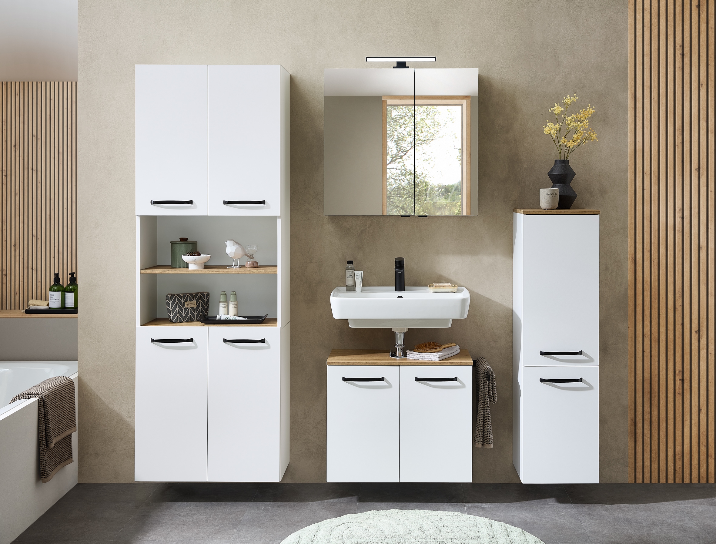 Saphir Waschbeckenunterschrank »Quickset 500, 2 Türen, Siphonausschnitt« Waschbeckenschrank inkl. Türdämpfer, Griffe in Schwarz