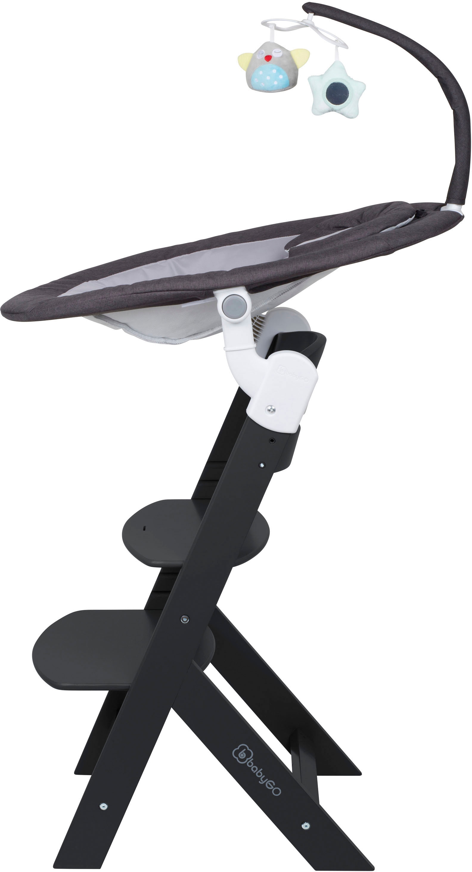 BabyGo Hochstuhl »Family Homey Set, schwarz/dunkelgrau« () mit elektrischer Babywippe inkl. Spielbogen