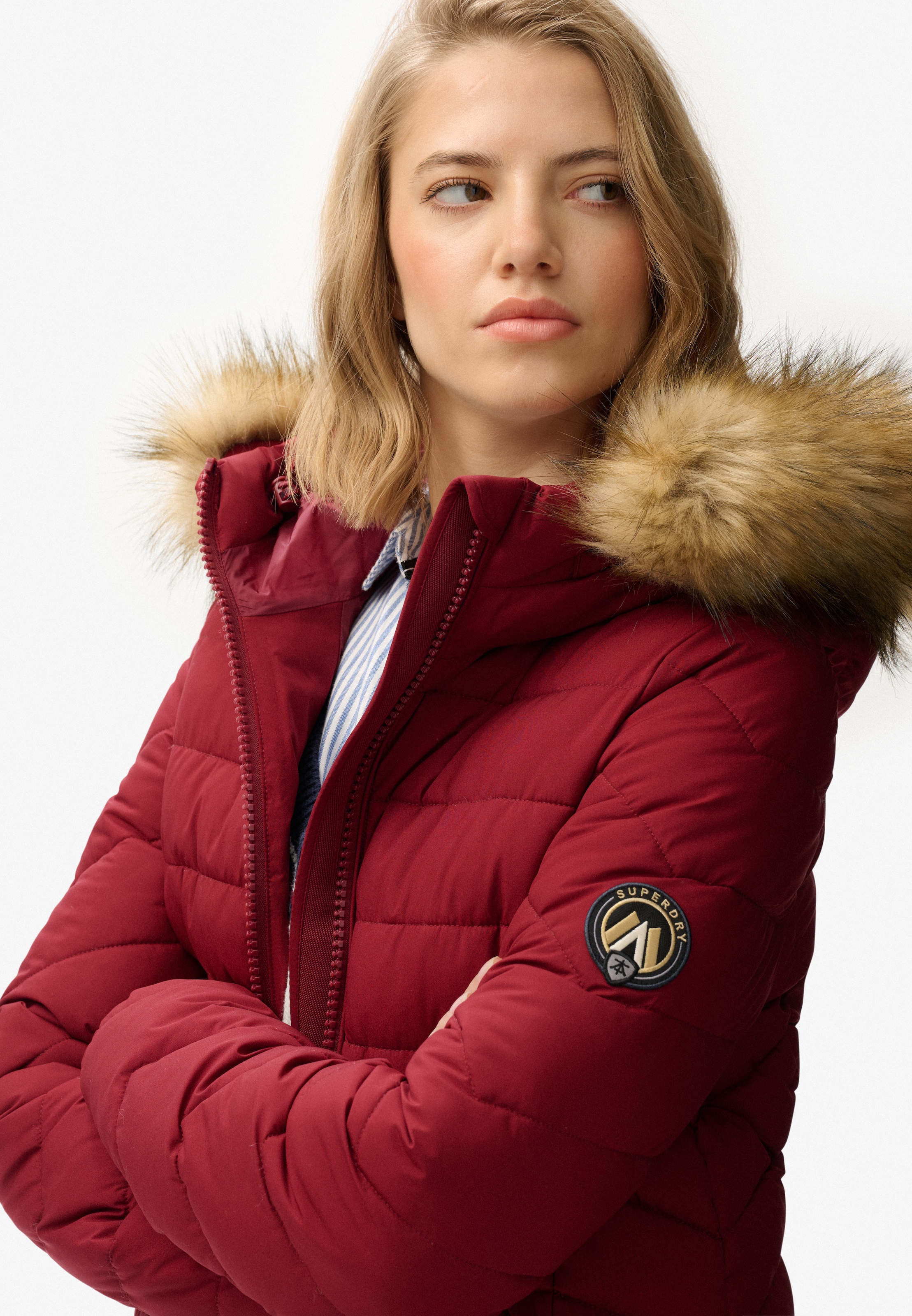 Superdry Steppjacke »FUJI FAUX FUR HOOD MID LENGTH« mit Kapuze