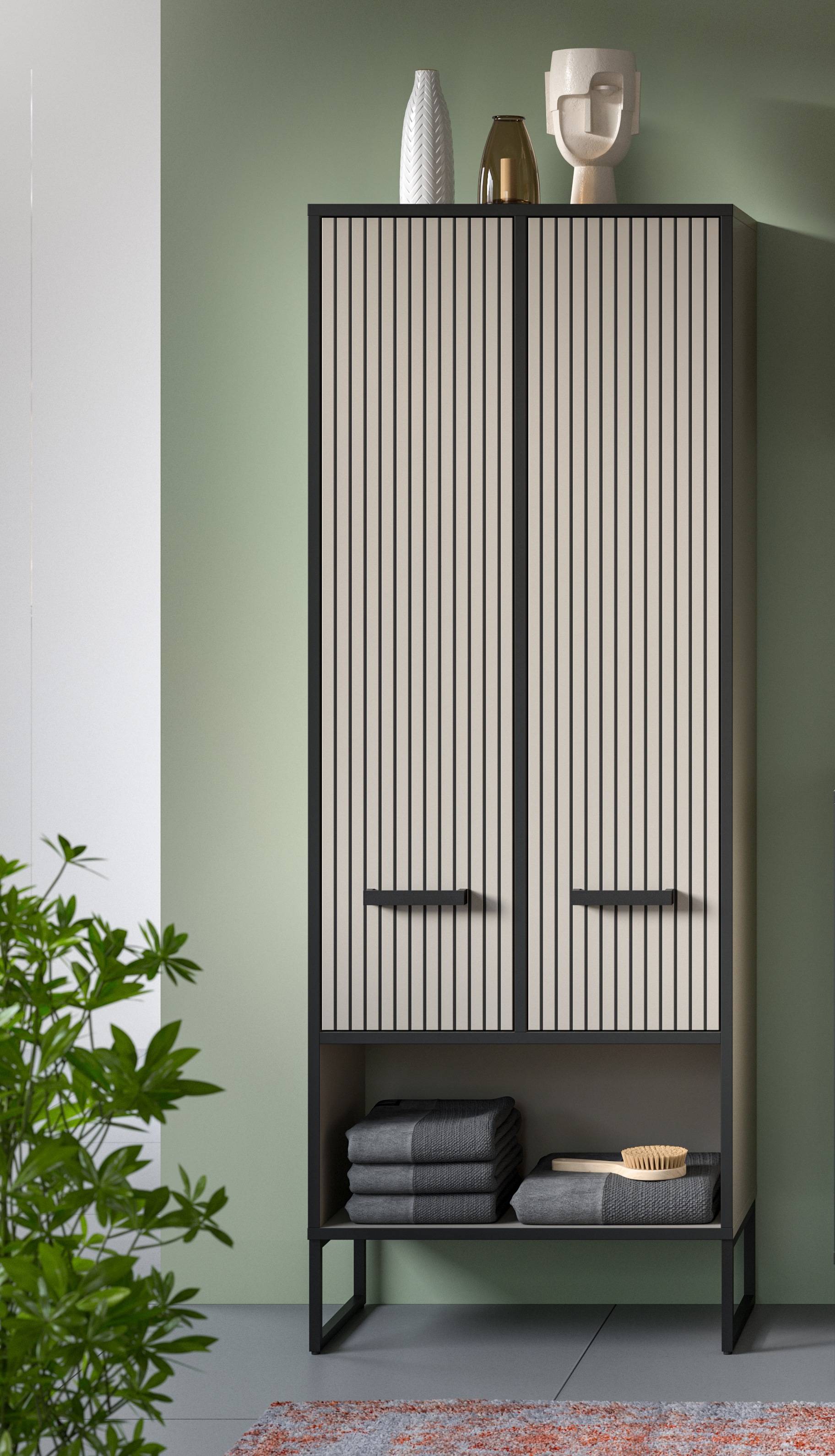 welltime Hochschrank »Locri, Höhe 159 cm, Rillenoptik, Metallkufen«, (1 St.), variable Einlegeböden, modernes Design, Badschrank, Bad