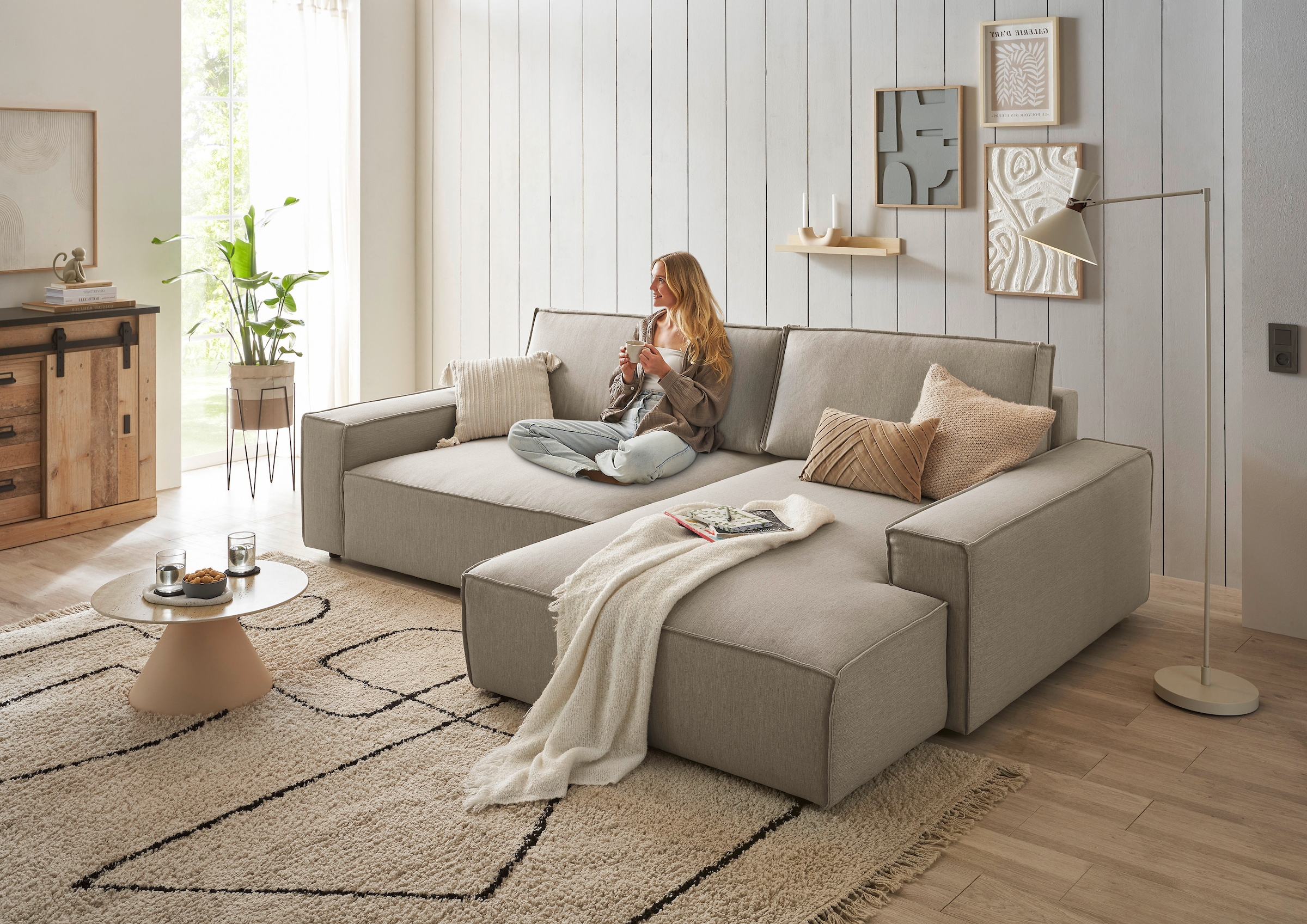 Home affaire Ecksofa »NEU: SHERWOOD XXL 284, Big-Sofa L-Form, tiefe Sitzfläche 95 cm, Cord«, Recamiere rechts/links, als Schlafsofa stellbar, Cord u. Leinenoptik