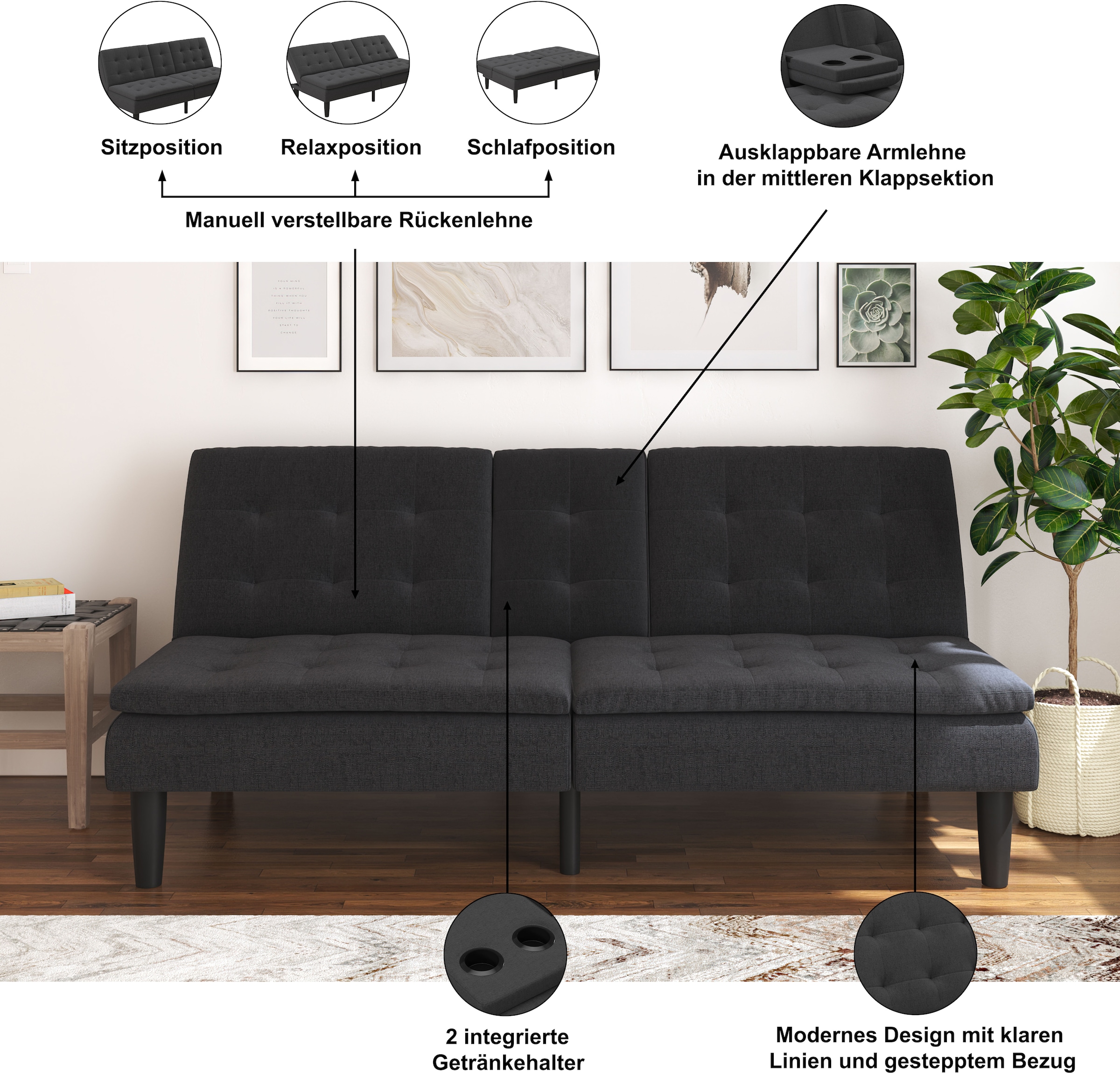 Dorel Home Schlafsofa »MAINE, Kinosofa mit Relax- und Bettfunktion, 2 Getränkehalter,« Liegefläche 190 x 110 cm, Webstoff und Kunstleder