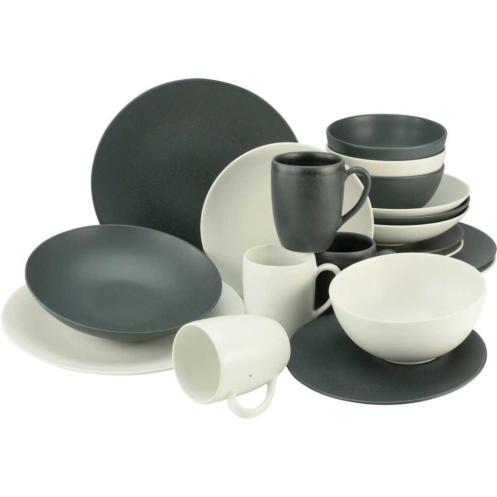 CreaTable Kombiservice »Geschirr-Set Soft Touch Black & White«, (Set, 20 tlg., Kaffeeservice und Tafelservice im Set, für 4 Personen)