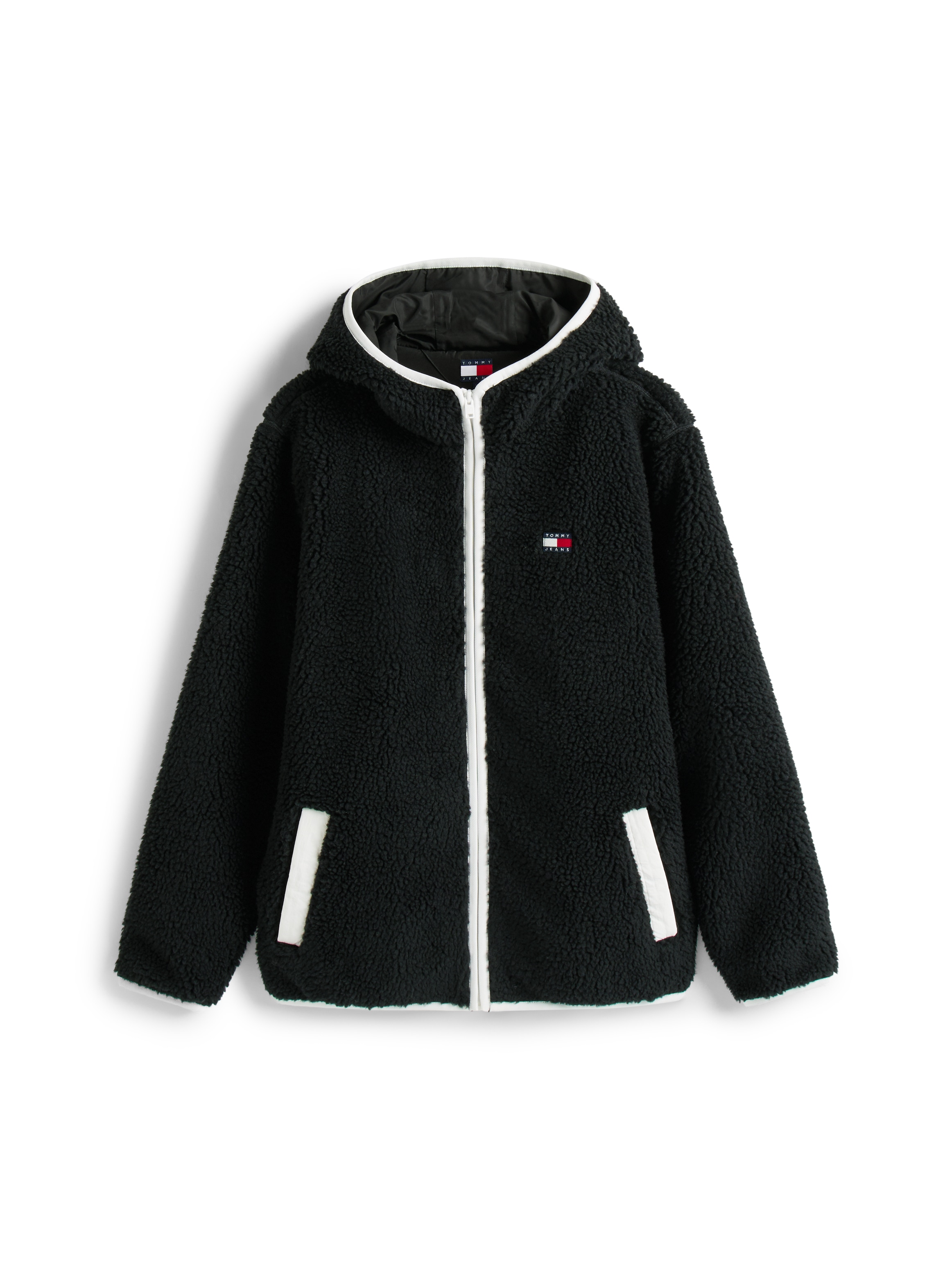 Tommy Jeans Plüschjacke »TJM REG BADGE TEDDY ZIP TRU EXT«, mit Kapuze, Freizeitjacke, Übergangsjacke, Teddyjacke mit Logopatch