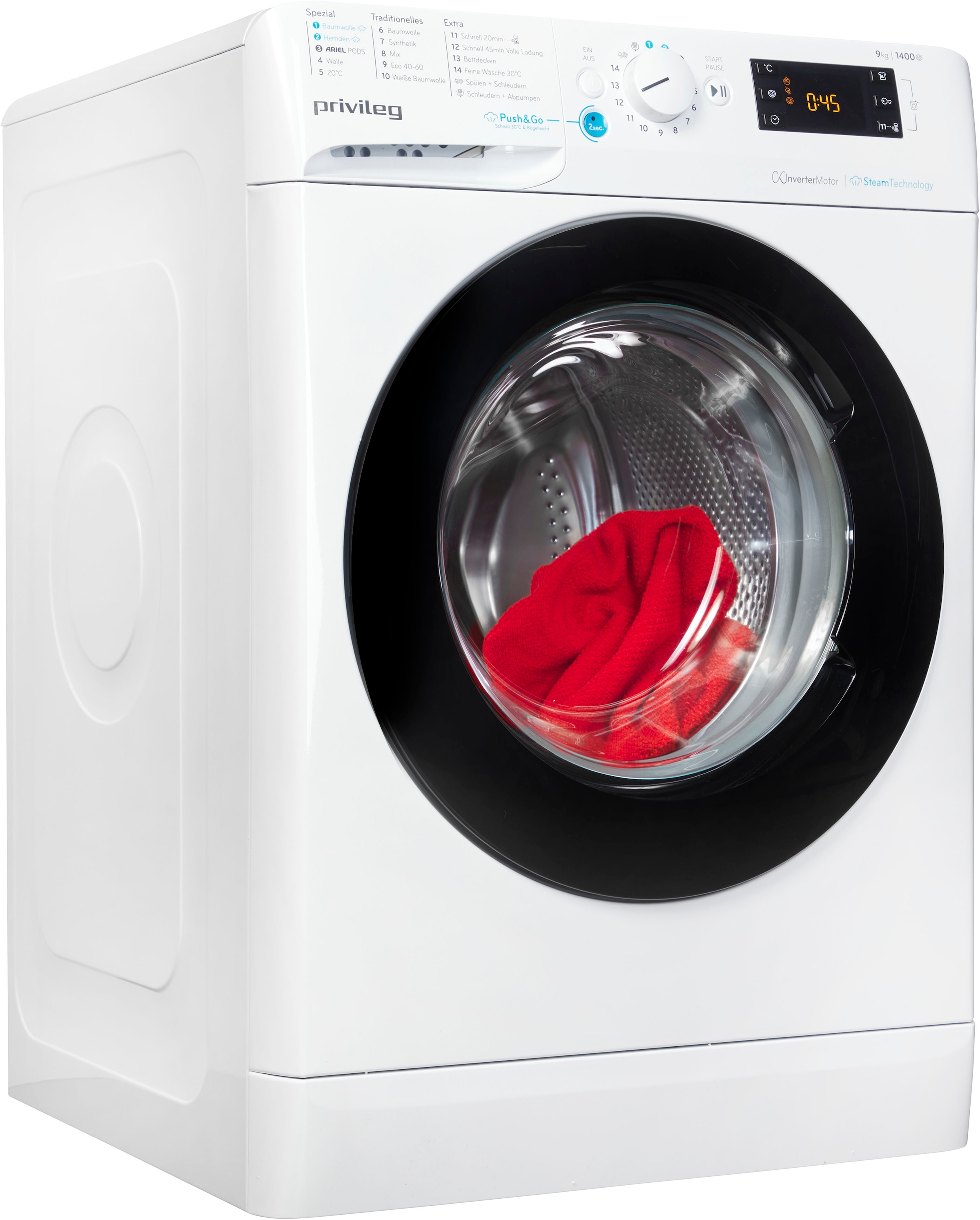 Privileg Waschmaschine »PWFV X 953 A«, PWFV X 953 A, 9 kg, 1400 U/min, Dampf-Programme für Baumwolle und Hemden – glättet die Fasern