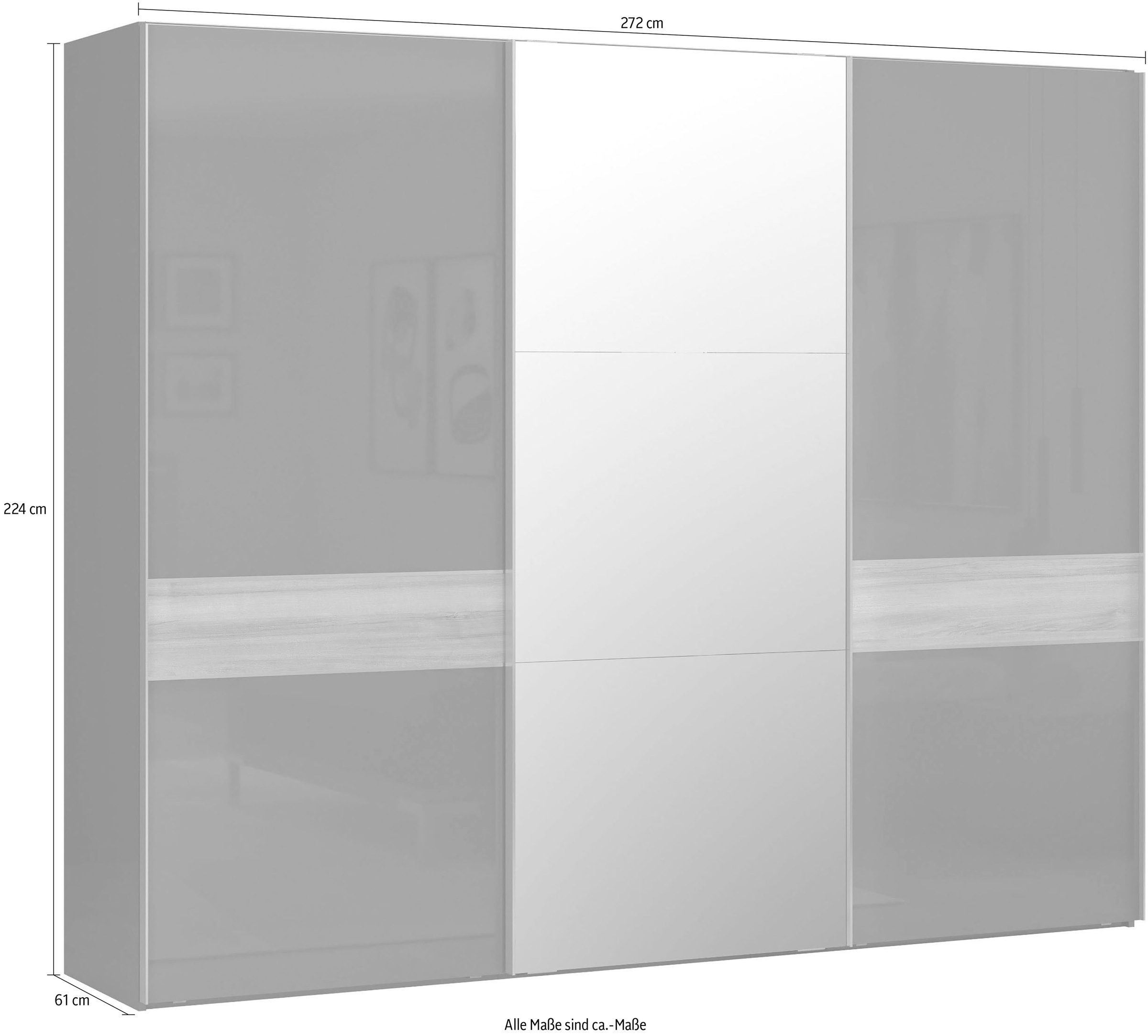 Places of Style Schwebetürenschrank »Onyx, Schwebetürenschrank inklusive Innenleben, FSC-zertifiziert«, (in 3 Breiten: 182, 230 oder 272cm, Höhe 224cm, mit Spiegel), UV lackiert, hochglänzend anthrazit, mit Soft-Close Funktion