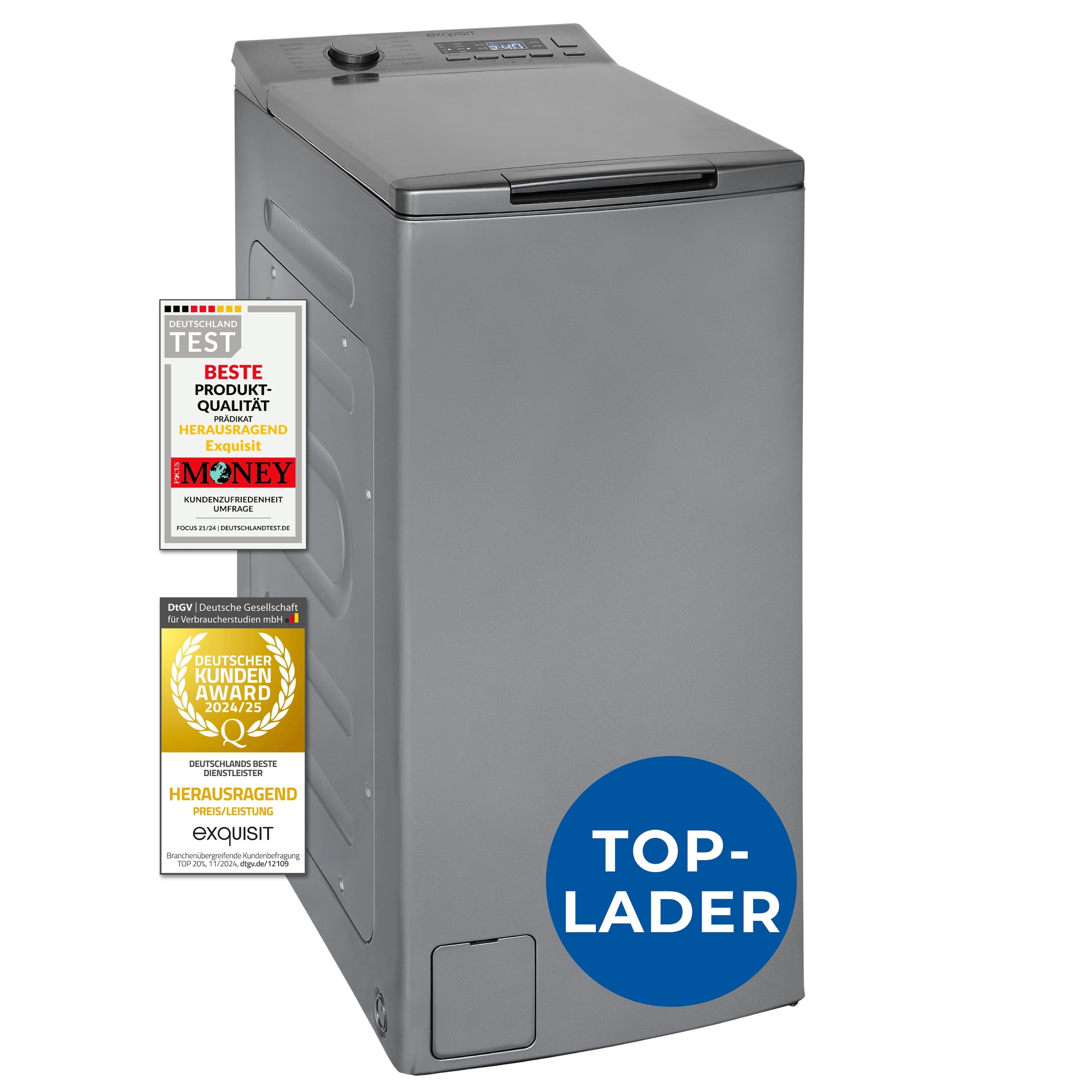 exquisit Waschmaschine »LTO1207-030A silber-dunkel« 7,5 kg 1200 U/min Rückenschonend: bequem von oben zu beladen mit softer Türöffnung