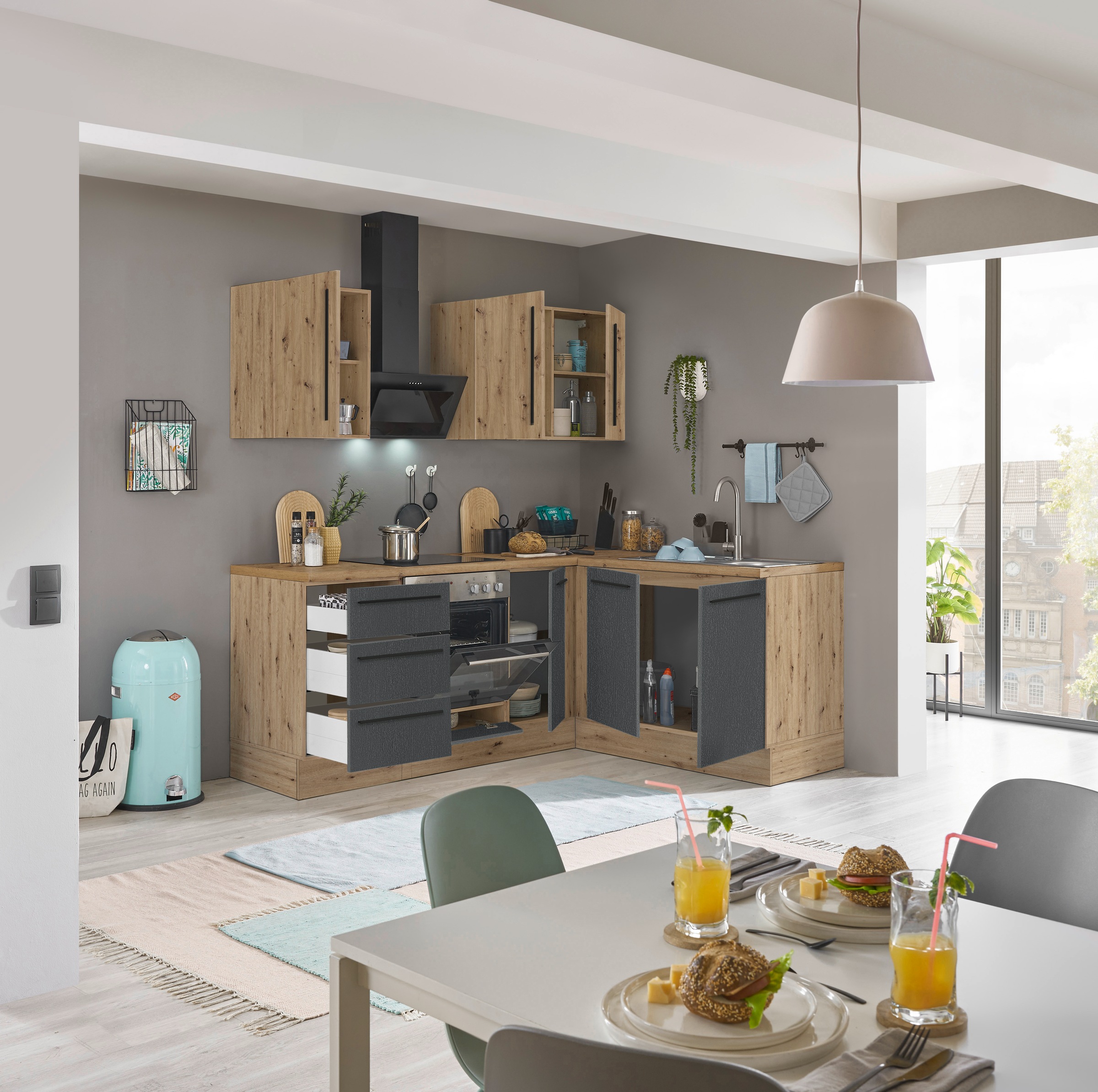 KOCHSTATION Winkelküche »Florida, Stellbreite 210x165 cm«, wahlweise mit E-Geräten, mit Softclose für Türen und Schubkästen