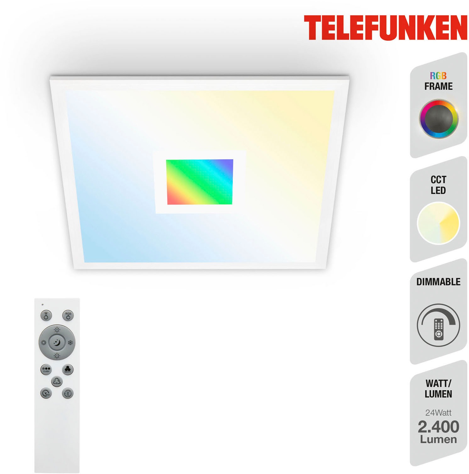 Telefunken LED Panel »319106TF CENTERLIGHT«, Leuchtmittel LED-Board | LED fest integriert, Deckenleuchte, Panel, CCT, RGB Beleuchtung, 24W 2400lm, 44,5 cm