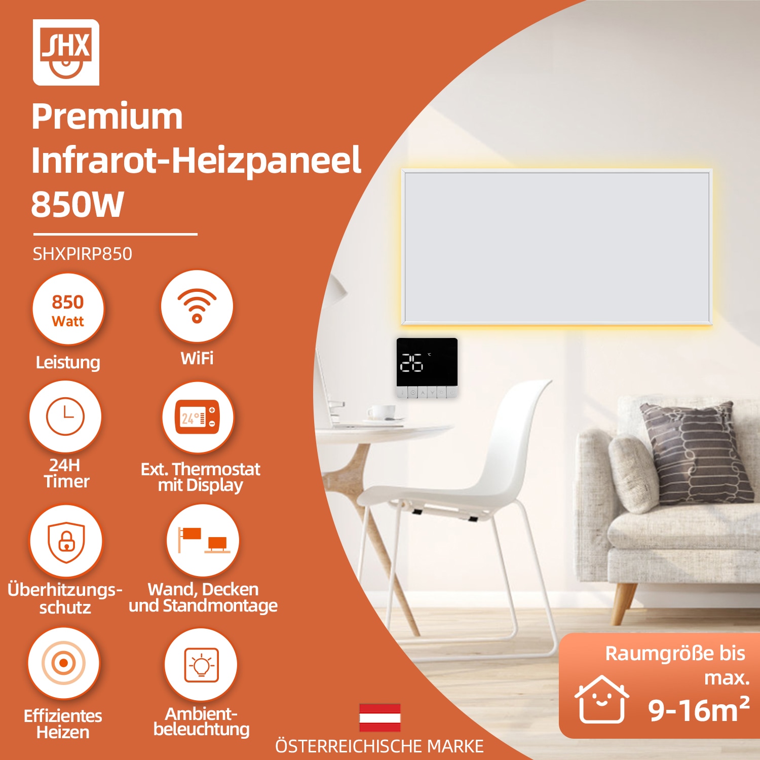 SHX Infrarotstrahler, 850 W, Smart Home fähig (Wifi), dimmbare Ambiente-LEDs