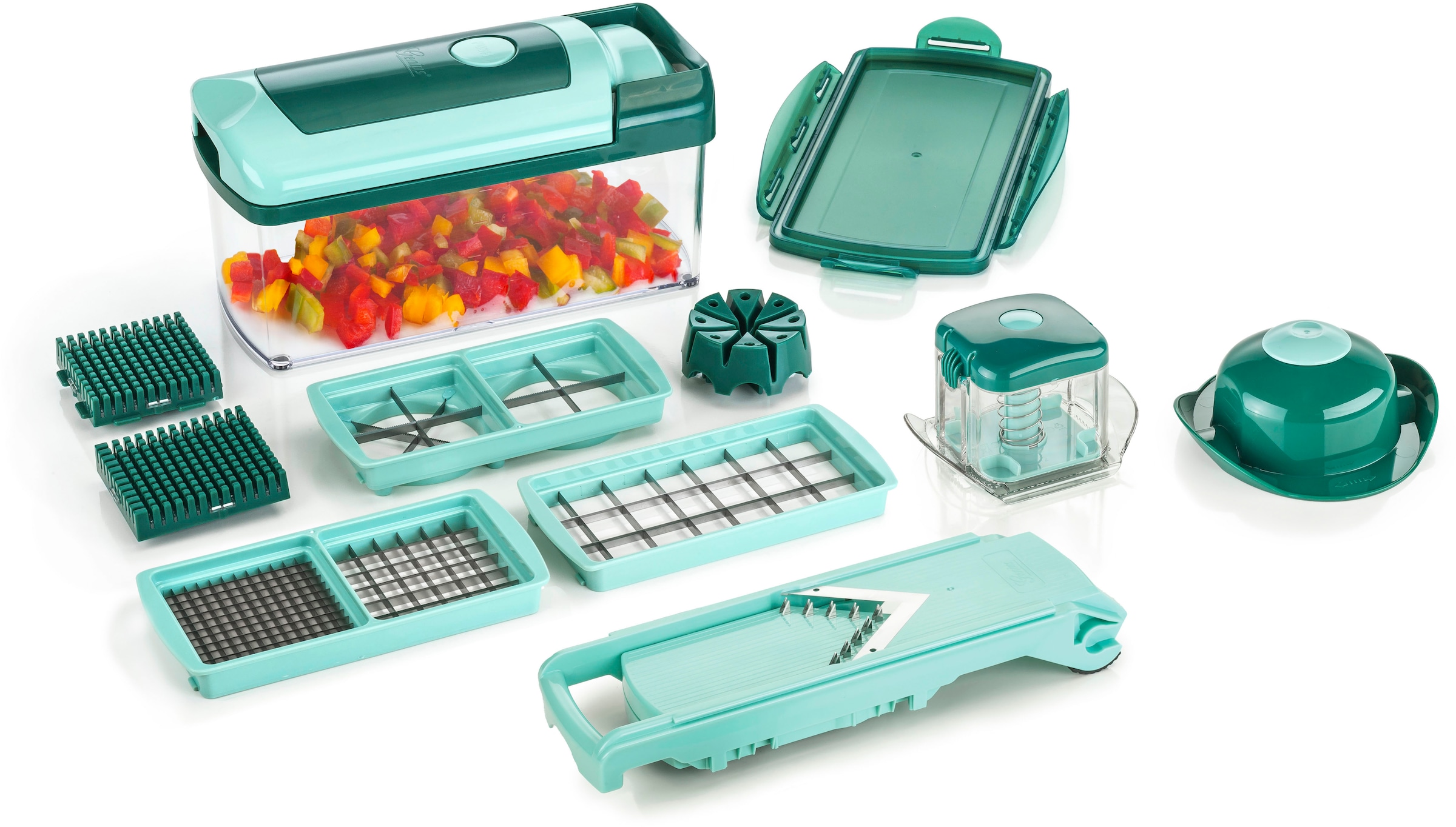 Genius Zerkleinerer »Nicer Dicer Fusion Set 13-tlg.«, Einfach, praktisch, sicher und platzsparend!