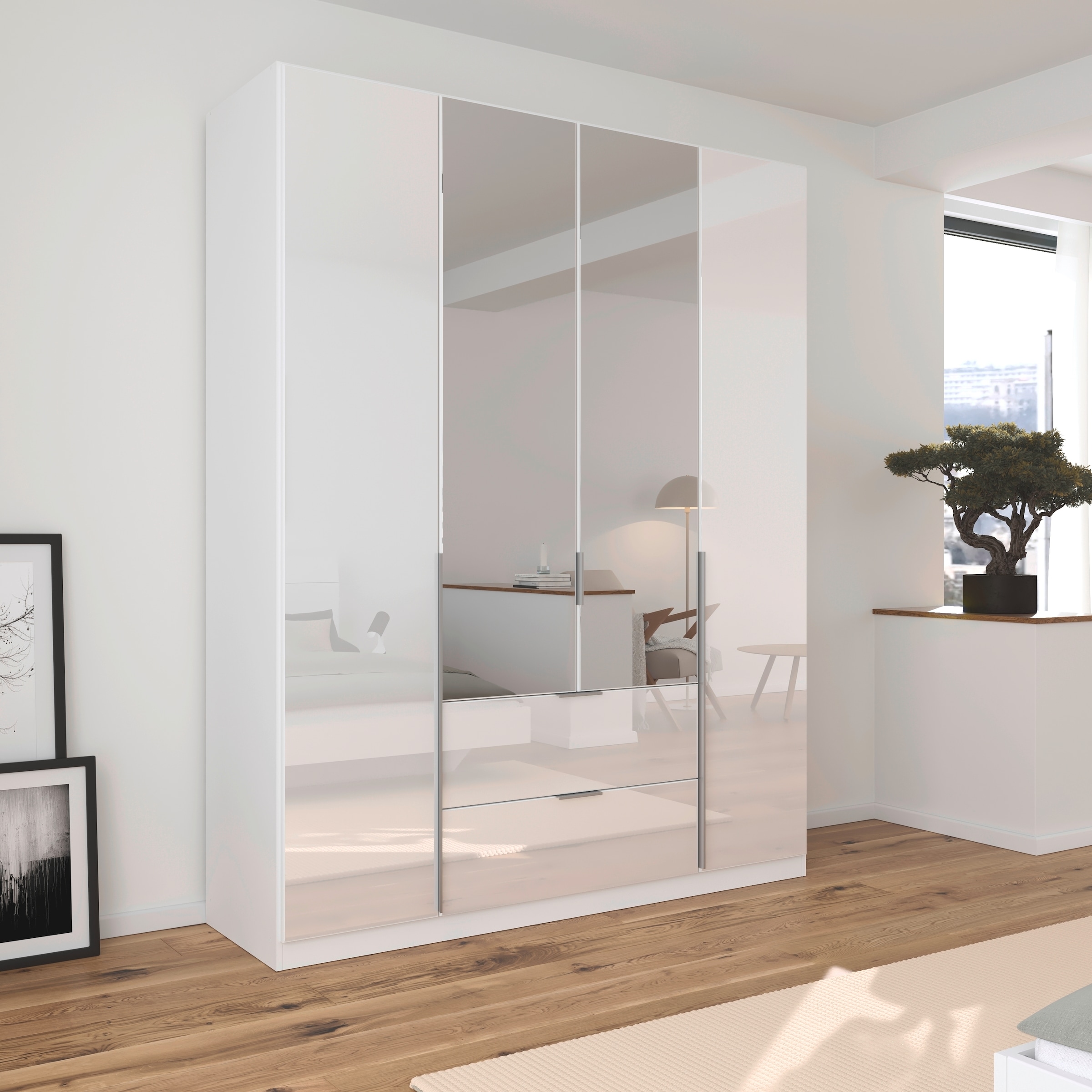rauch Drehtürenschrank »Kleiderschrank Kleiderschränke Schrank Garderobe AGORDO mit Glasfront«, (in zwei Griff-Farben mit Glasfront), mit Außenschubkästen, in 6 Breiten und 2 Höhen MADE IN GERMANY