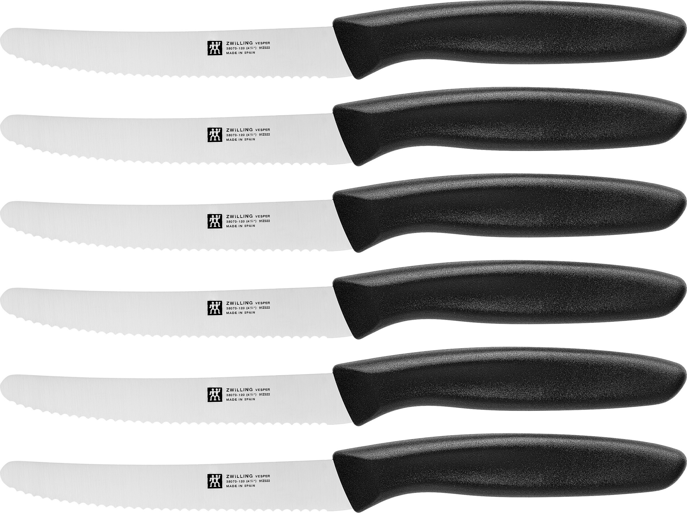 Zwilling Topf-Set »Flow/Twin Grip«, Edelstahl 18/10, (Set, 9 tlg., 1x Stieltopf 16 cm, 1x Bratentopf 20 cm, je 1 Kochtopf 16/20/24 cm), Glasdeckel, Sandwichboden, inkl. 6-tlg. Messer-Set