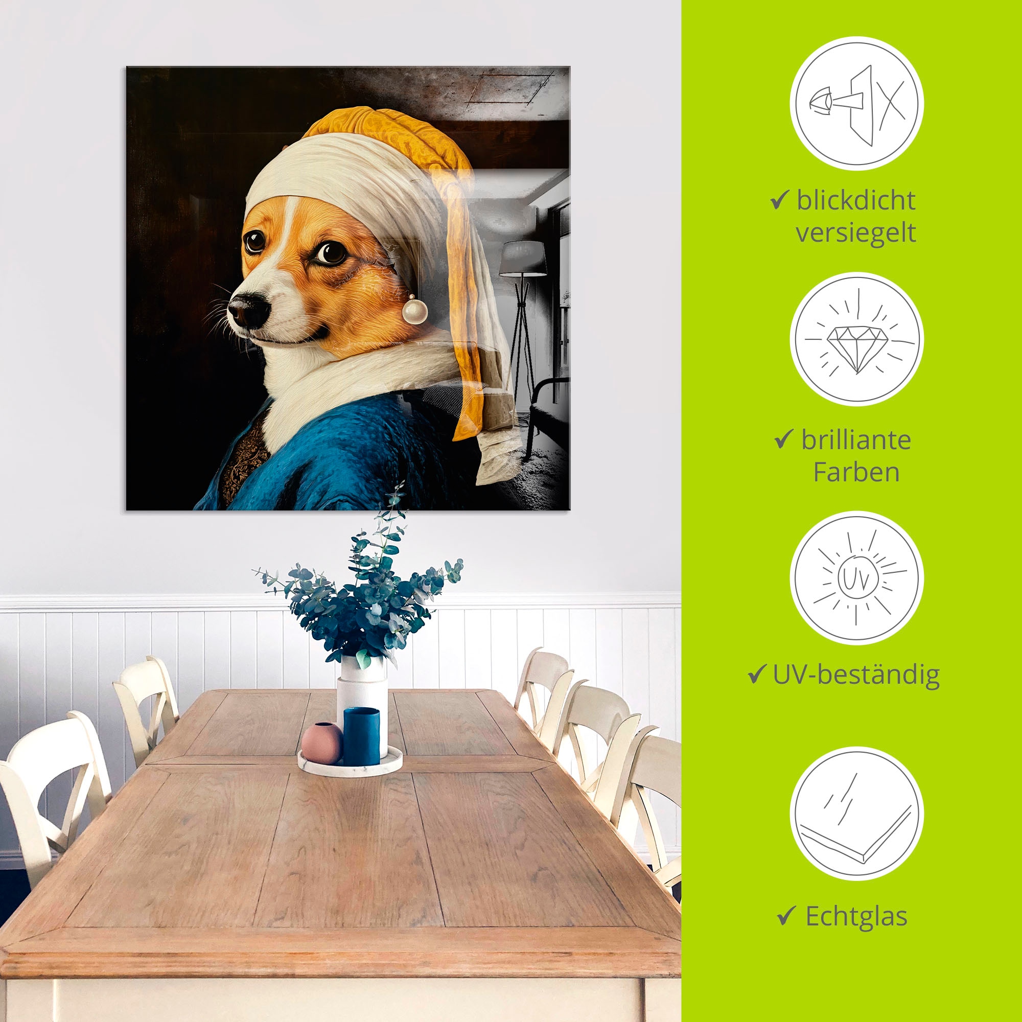 Artland Glasbild »Der Corgi mit dem Perlenohrring« Animal Fantasy 1 Stk. tlg. in verschiedenen Größen