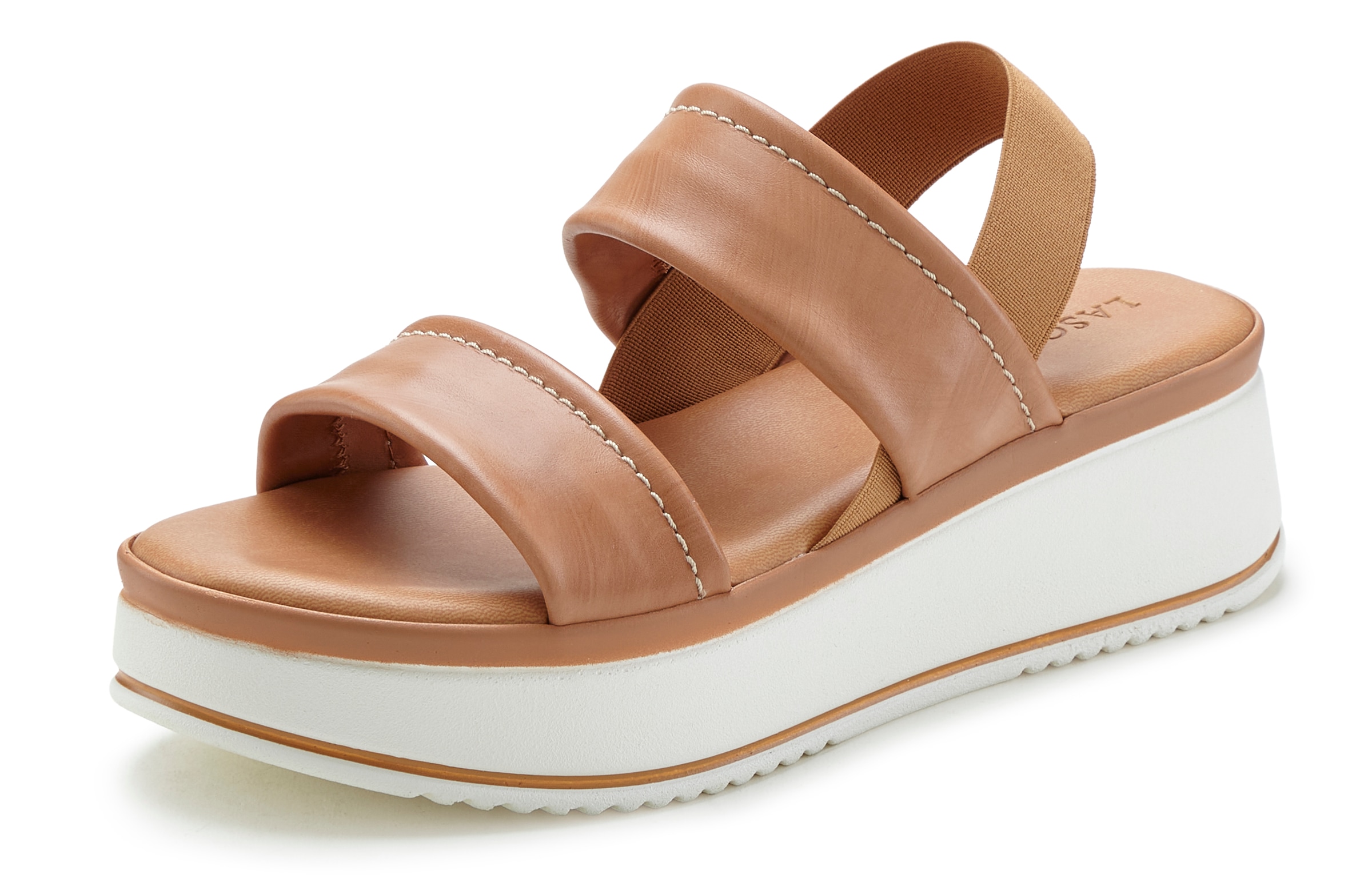 LASCANA Plateausandaletten »Sommerschuh, Sandale, Sandalette, offener Schuh,«, Sandalette aus Leder mit modisch bequemer Plateausohle