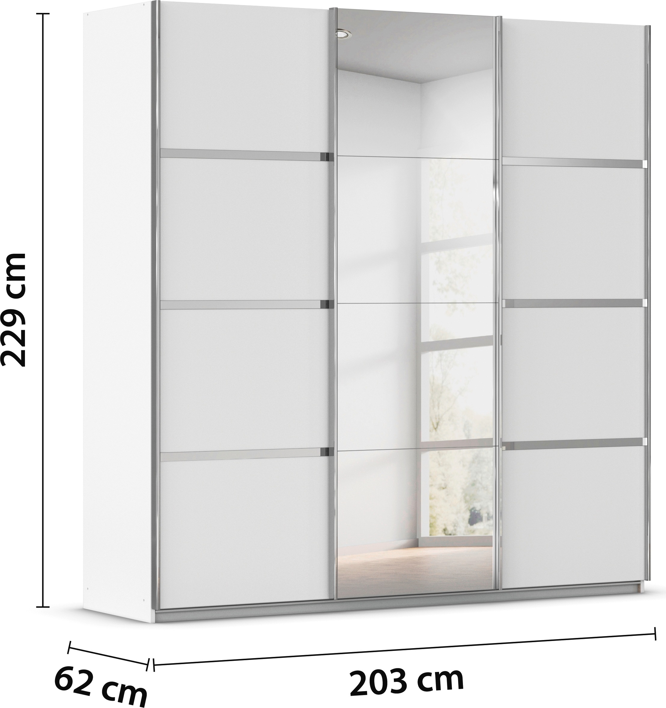 rauch Kleiderschrank »Schwebetürenschrank OTTO´s Choice Garderobe Schrank TOP ANGEBOT Avola«, (in 3 verschiedenen Ausstattungen BASIC/CLASSIC/PREMIUM inkl. Spiegel), mit eleganten Zierleisten in Chrom, Schwarz oder Weiß MADE IN GERMANY