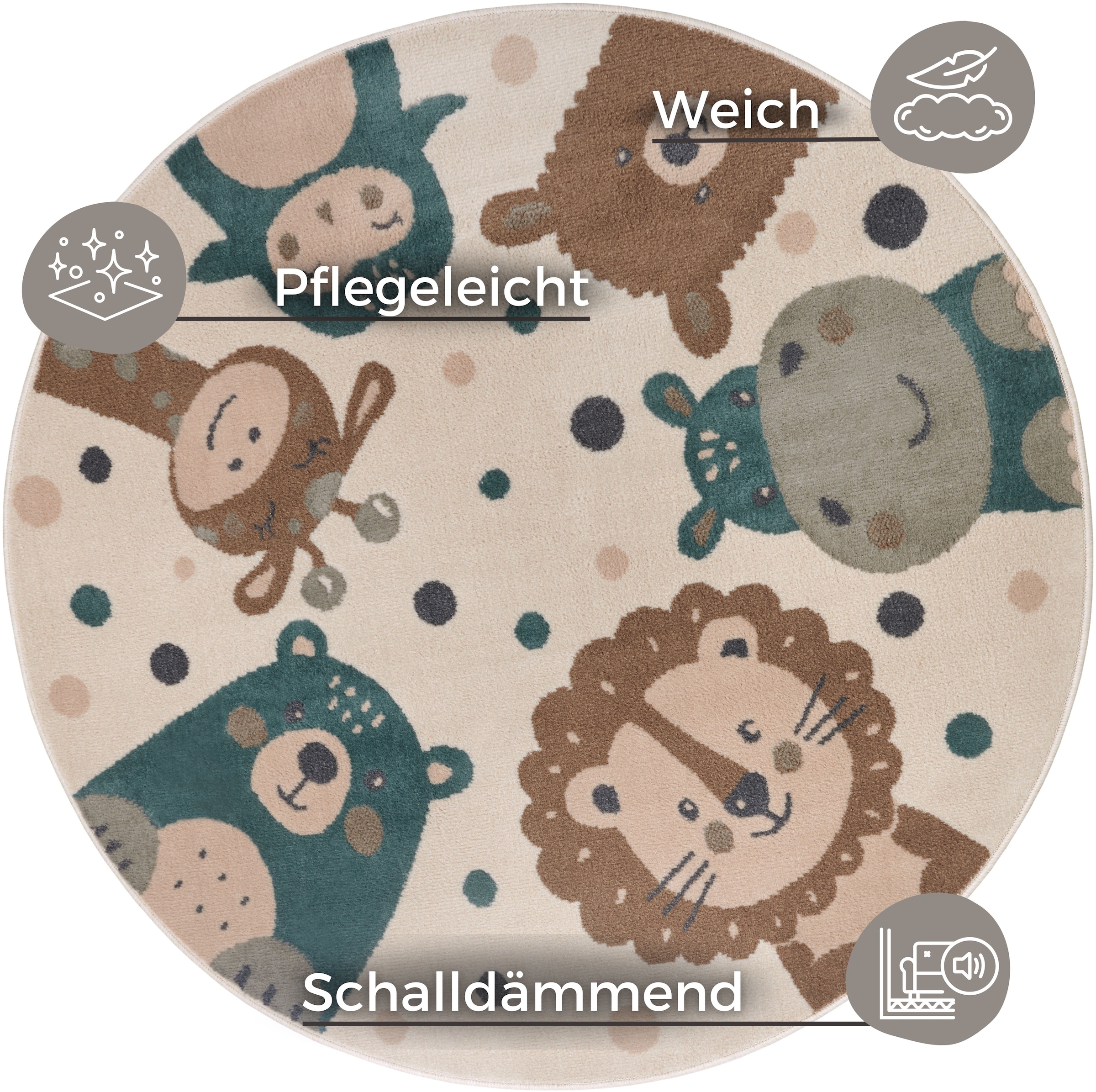 HANSE Home Kinderteppich »Adventures Animal Party«, rund, 8 mm Höhe, Spielteppich, weich, Kinderzimmer, Kurzflor, Spielunterlage, Teppich