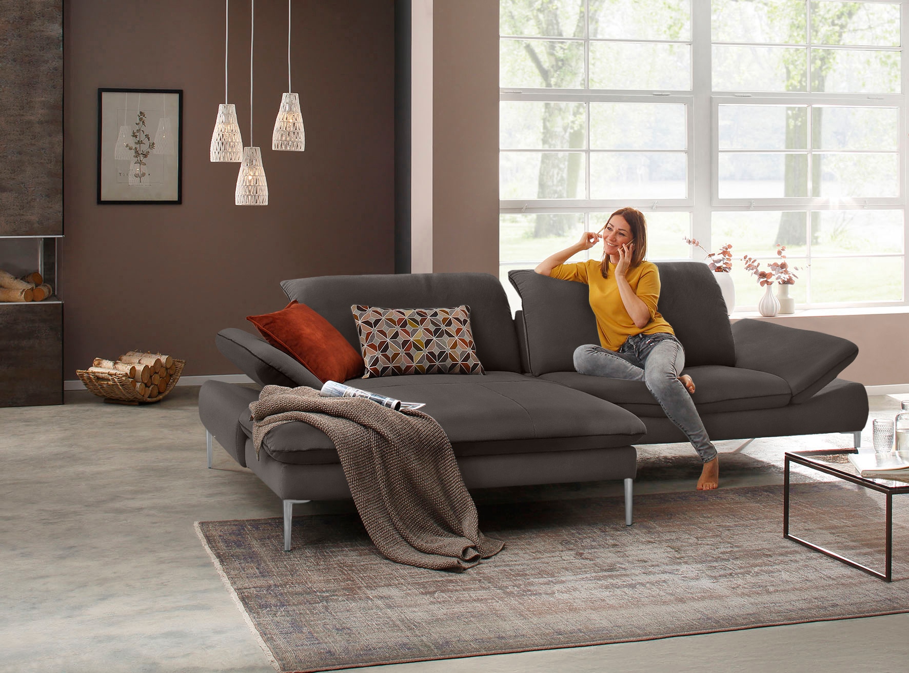 W.SCHILLIG Ecksofa »enjoy&MORE, Designsofa, elegant und bequem, L-Form«, mit Sitztiefenverstellung, Füße Chrom glänzend, Breite 294 cm