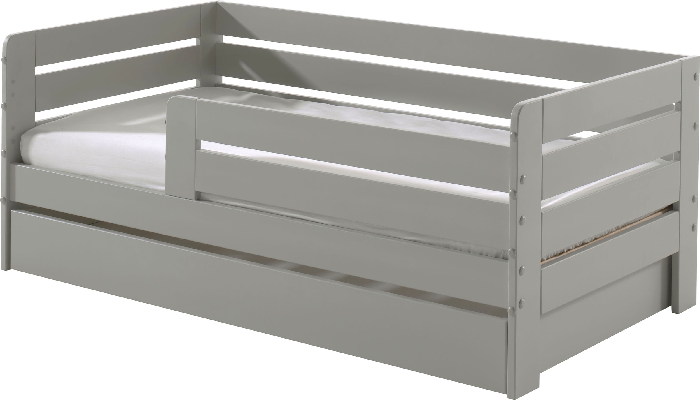 Vipack Kinderbett »Junior, Kiefermassiv mit umlaufendem Absturzschutz und Rolllattenrost«, (B/H/T ca. 143,6x56x70cm, mit niedrigem Betteinstieg), wahlweise in 2 Farben, mit oder ohne Schublade