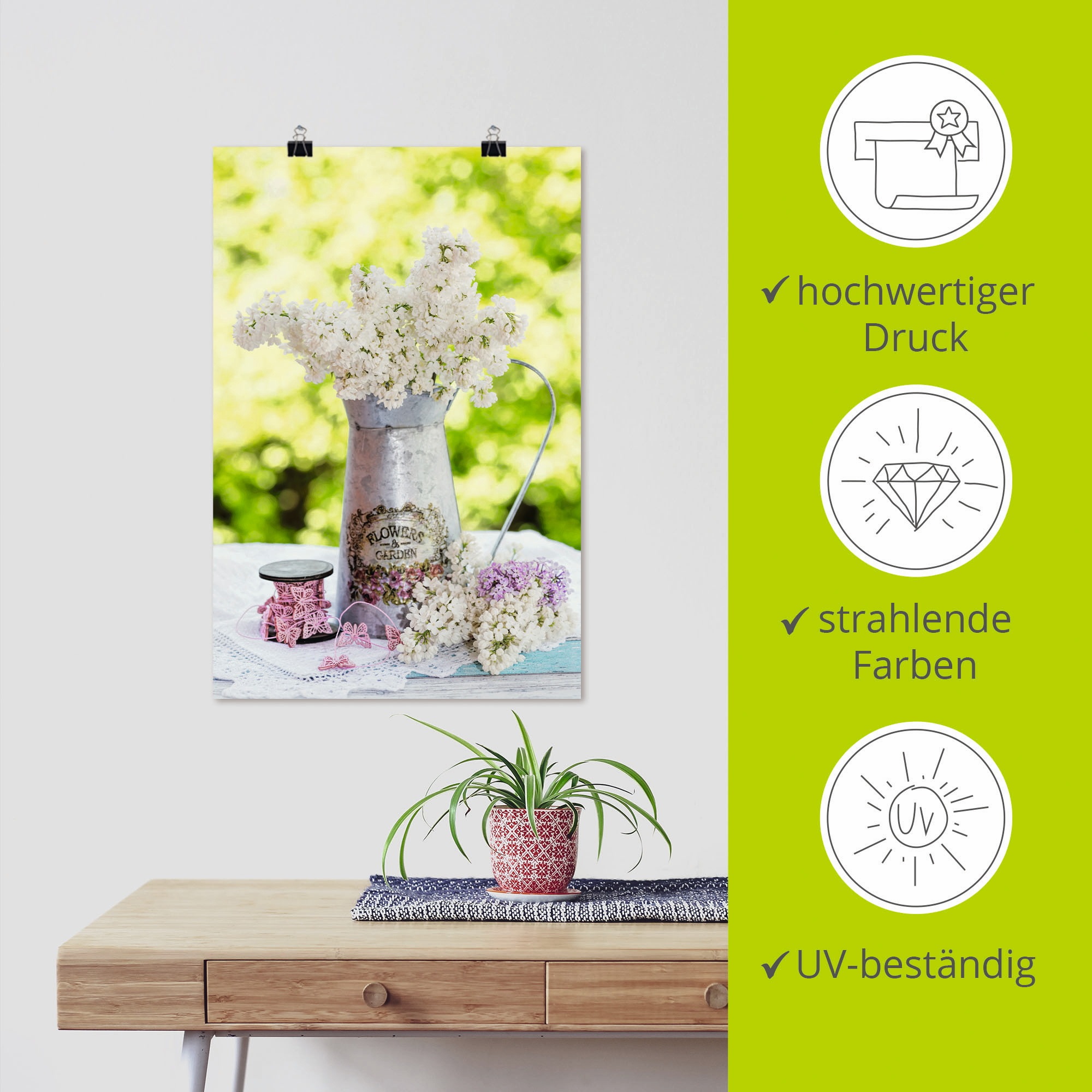 Artland Wandbild »Flieder und Shabby Chic Stillleben«, Blumen, (1 St.), als Alubild, Outdoorbild, Leinwandbild, Poster, Wandaufkleber