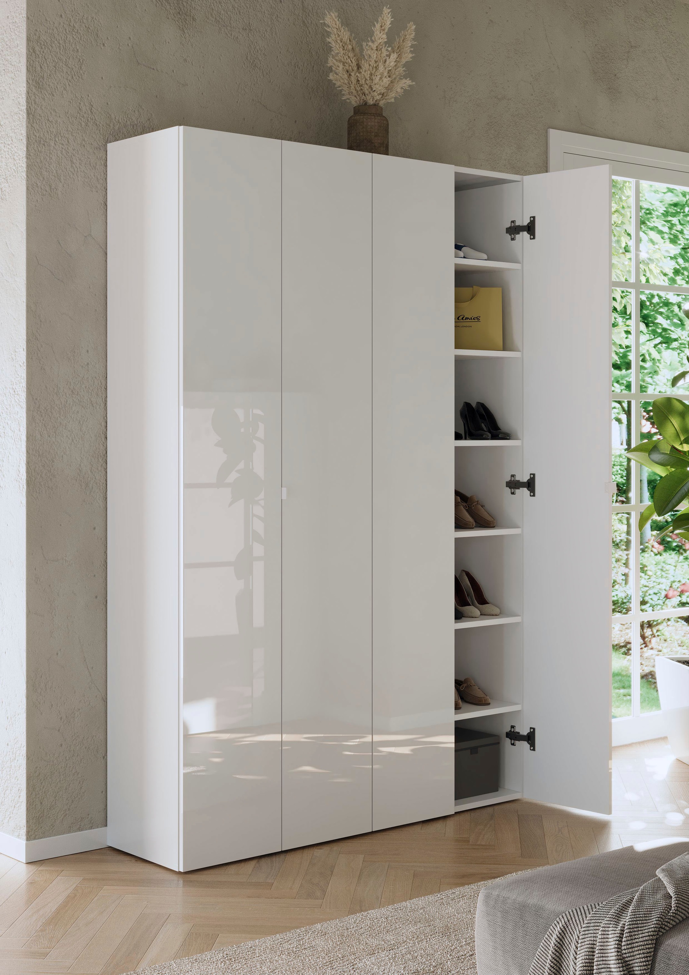 INOSIGN Schuhschrank »SMILE Breite 124 cm, Höhe 184 cm, Schuhregal mit 7 Ebenen, 14 Fächer«, Schuhkommode in Weiss Hochglanz Lack, 2 Metallgriffe
