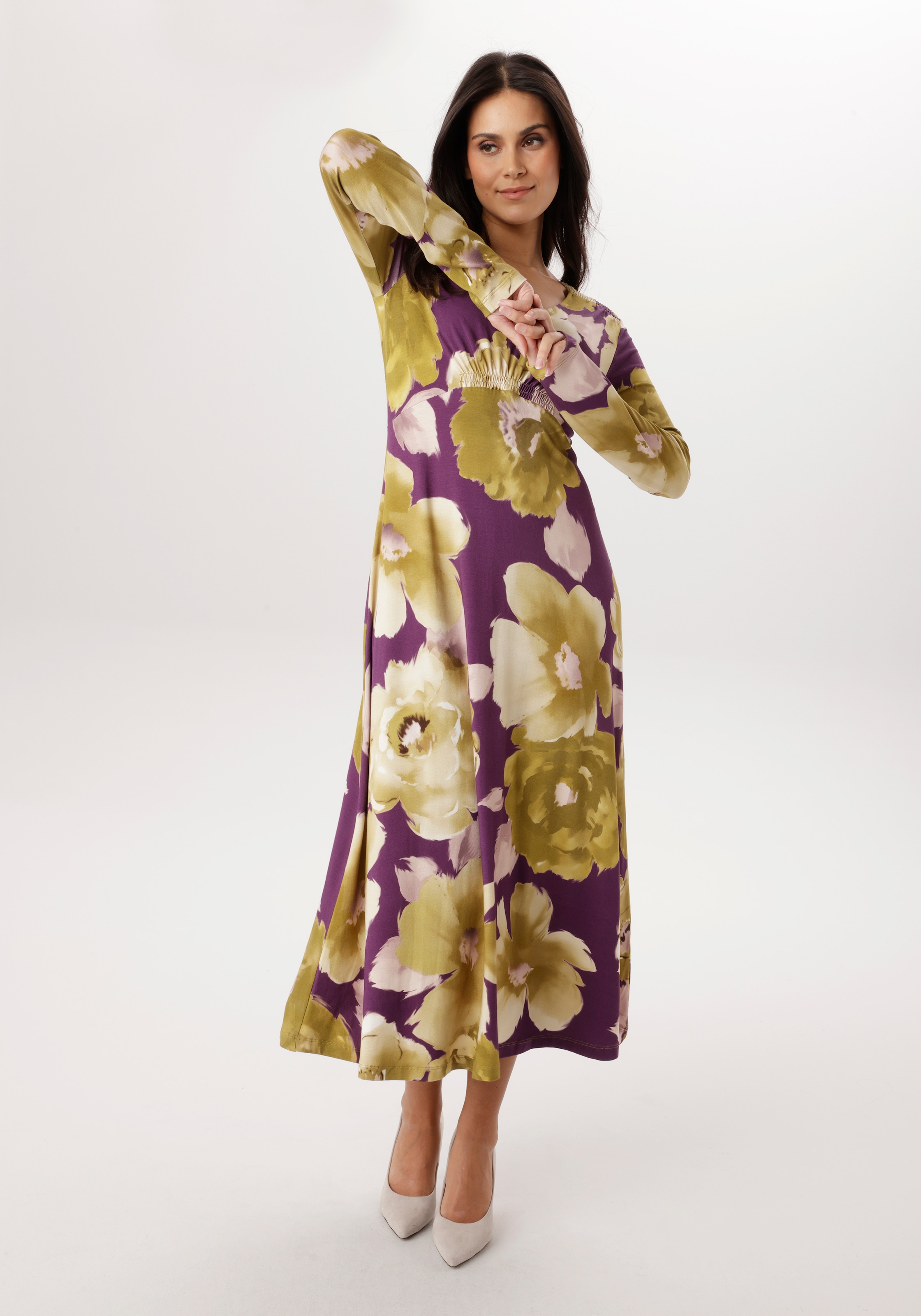 Aniston SELECTED Midikleid mit Smok-Details und fantasievollem Blütendruck - NEUE KOLLEKTION