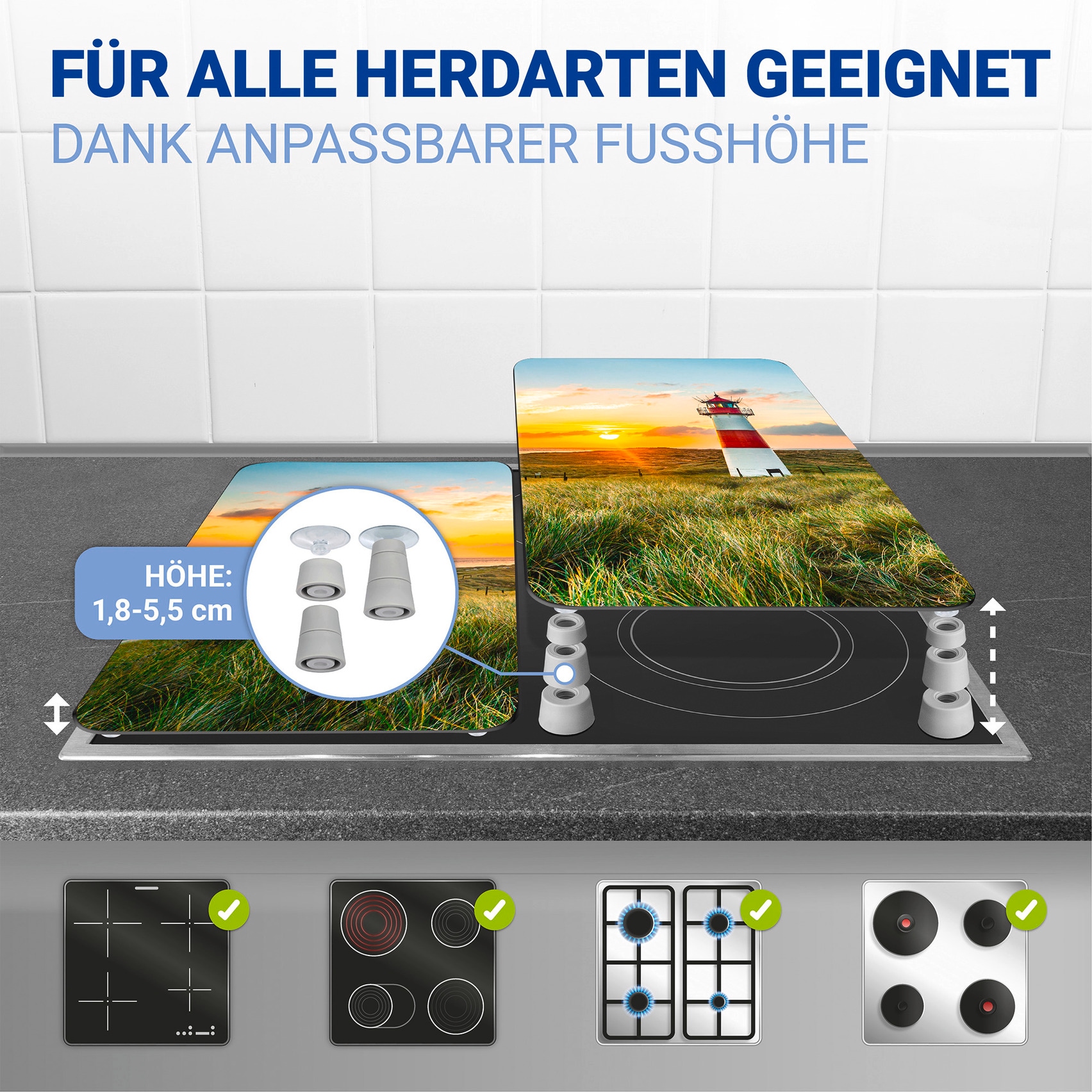 WENKO Herd-Abdeckplatte »Universal Modell Leuchtturm«, (Set, 2 tlg.), Herdabdeckung für alle Herdarten, kratzfest, mit rutschfesten Füßen