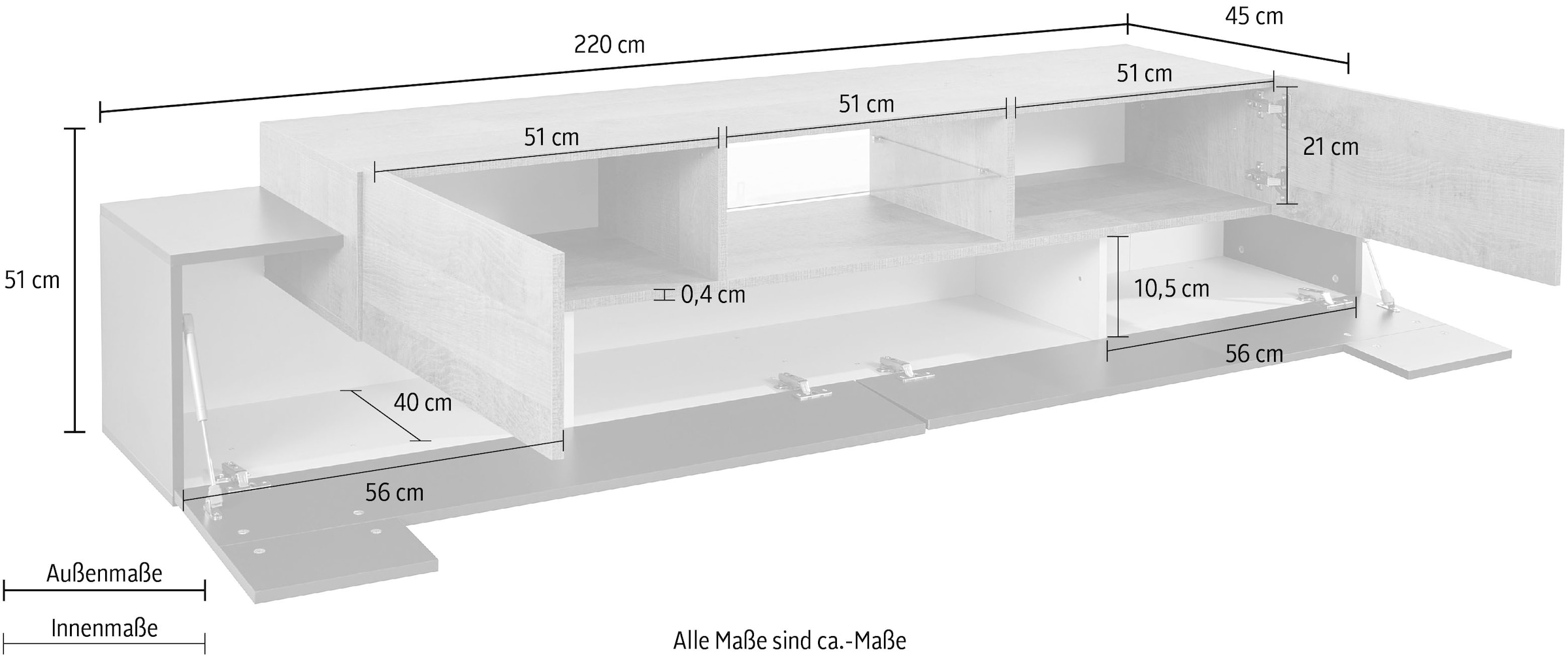 INOSIGN Lowboard »Coro,Lowboard,TV-Kommode,TV-Möbel,TV-Bank«, mit 2 Klappen, 2 Türen, 1 Glasboden, Breite 220