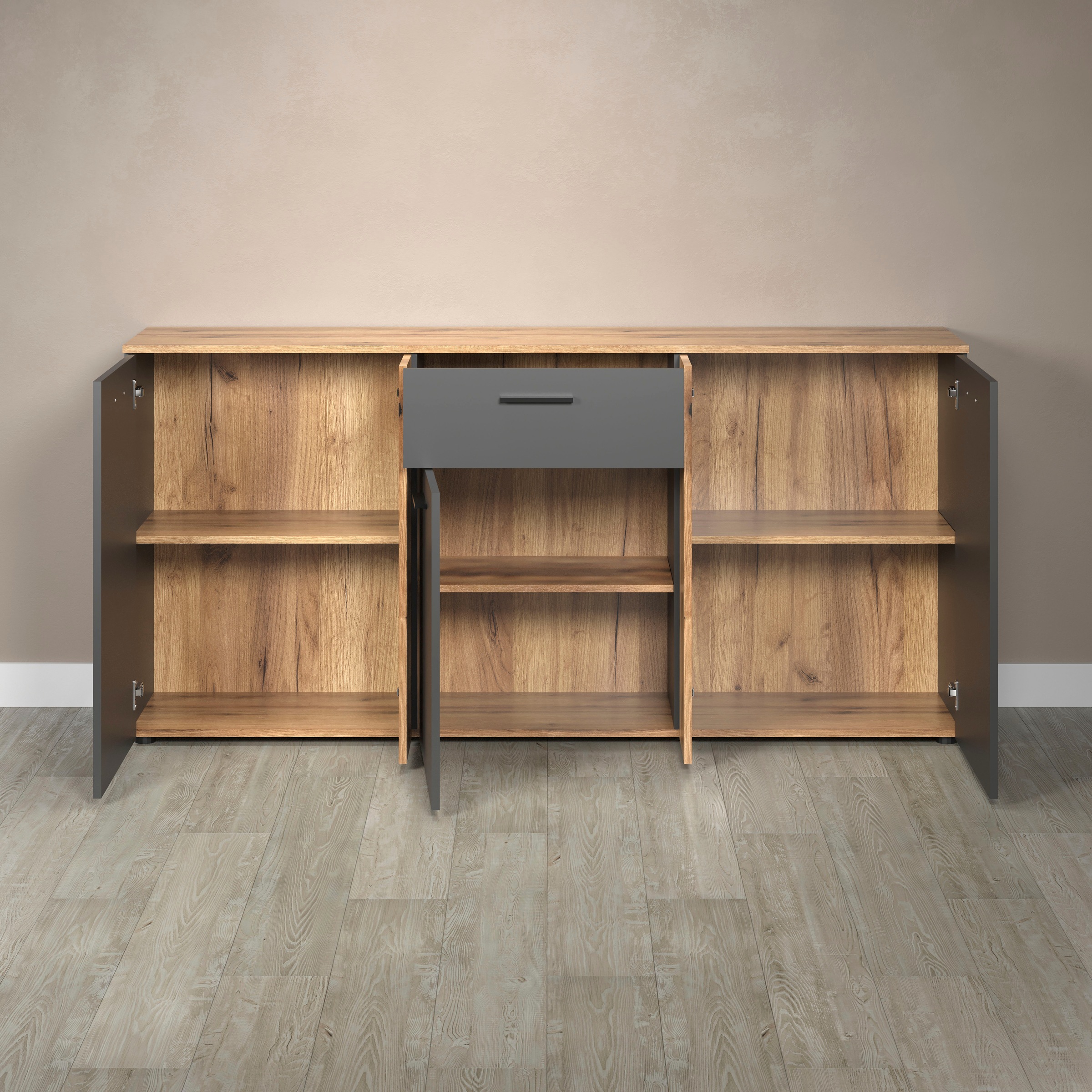 Home affaire Kommode »Estepona« Sideboard mit anpassbaren Türen mit Rillen-Optik
