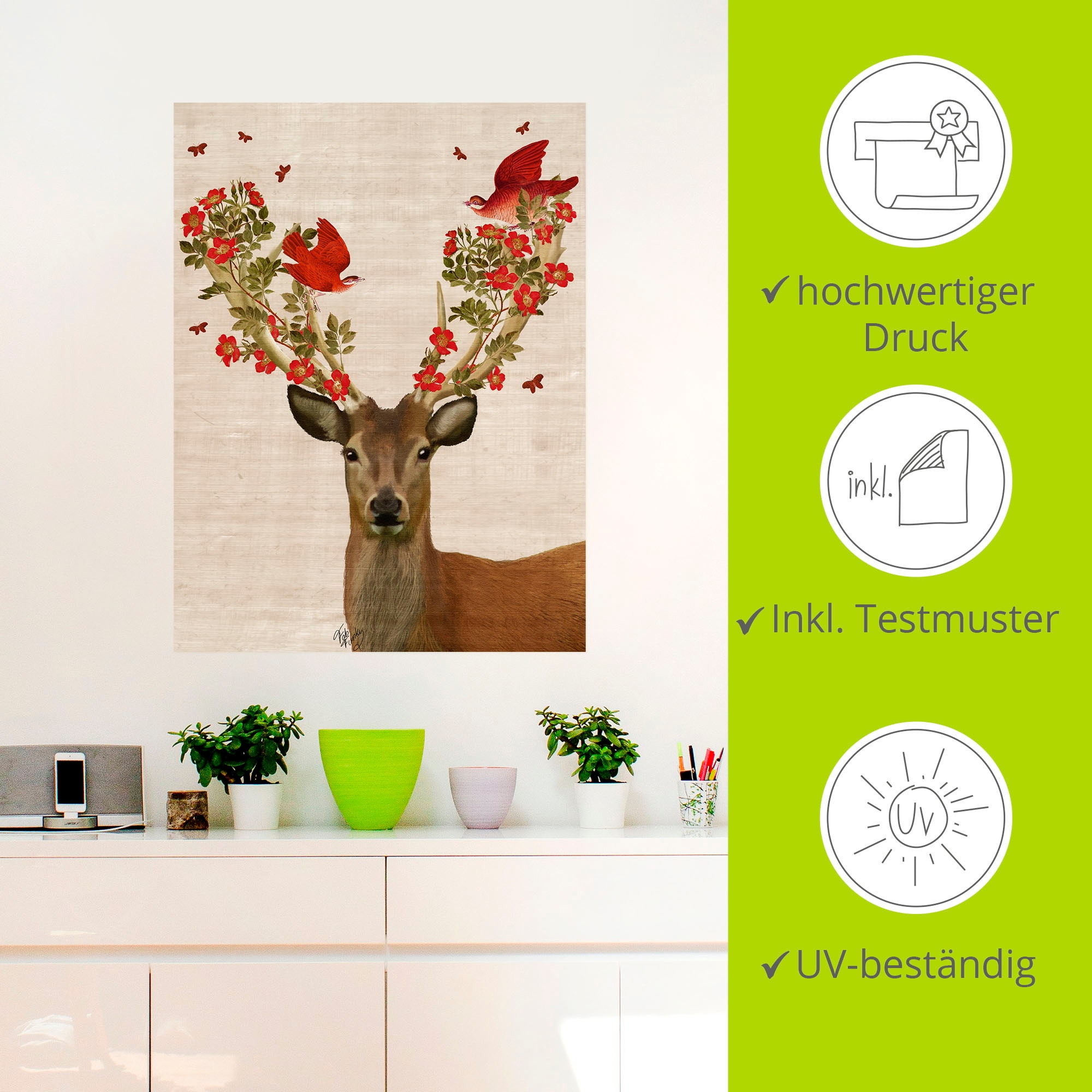 Artland Wandbild »Hirsch und Vögel Liebe«, Wildtiere, (1 St.), als Leinwandbild, Poster, Wandaufkleber in verschied. Größen