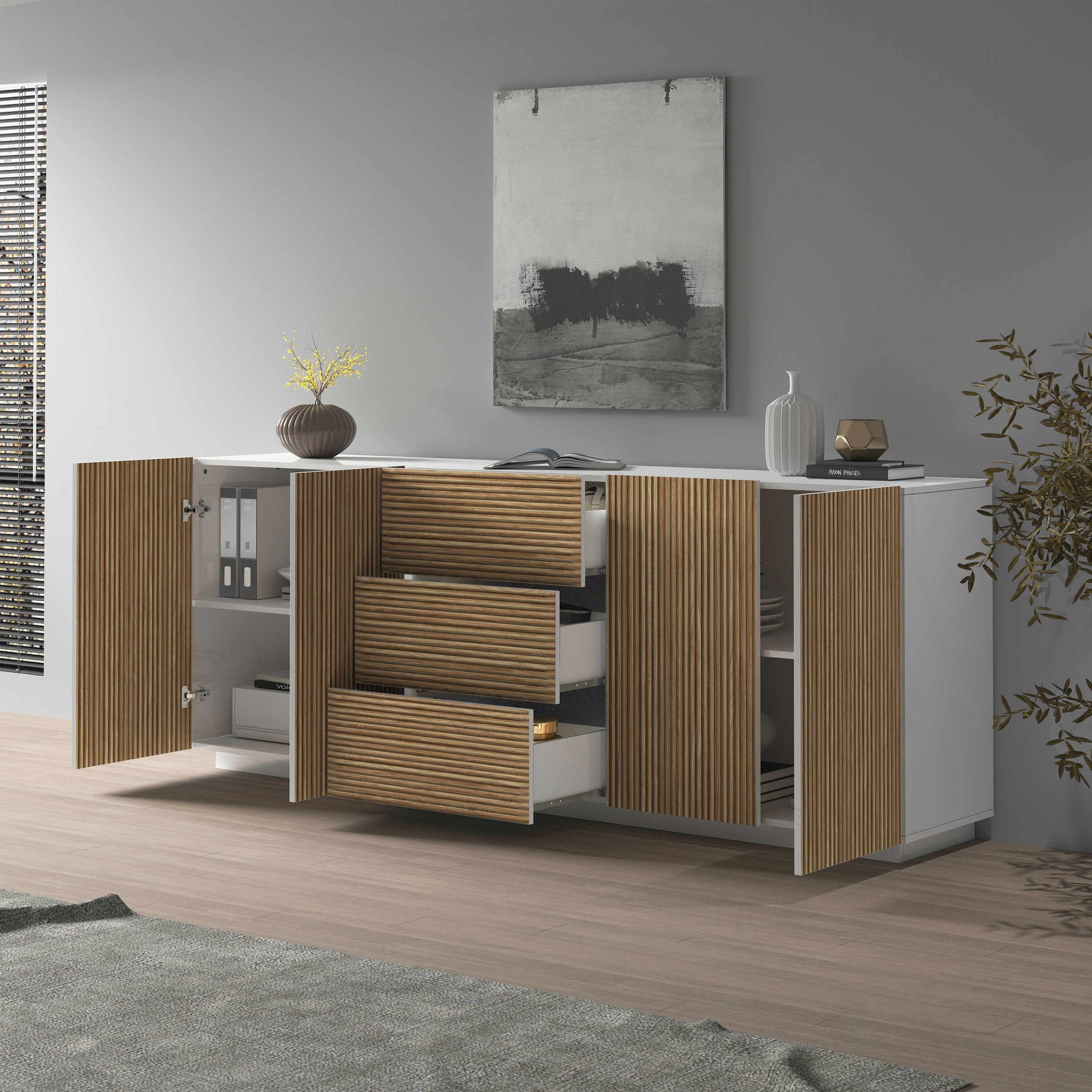 INOSIGN Sideboard »Vega Sideboard,Kommode,220 cm« mit 4 Türen und 3 Schubladen,Fronten mit Rillen-Optik