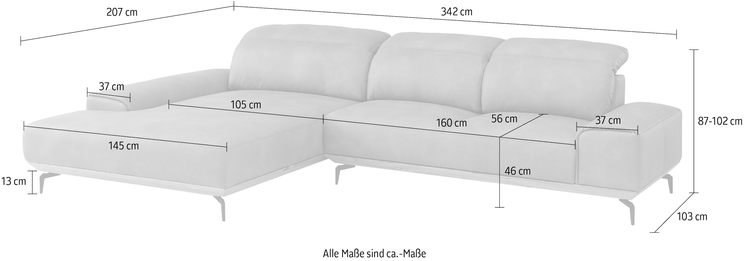Musterring Wohnlandschaft »MR 2490«, Bronze-Fuß, Sitzhöhe 48cm, wahlweise mit Funktionen, Maße 342 x 207 cm