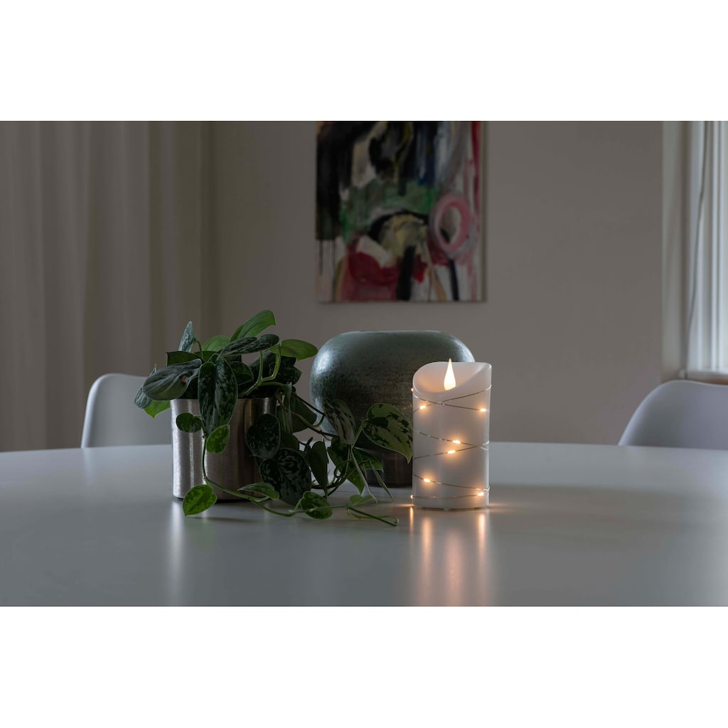 KONSTSMIDE LED-Kerze »Weihnachtsdeko«, LED Echtwachskerze, weiß, mit 3D Flamme und silberfb. Draht umwickelt
