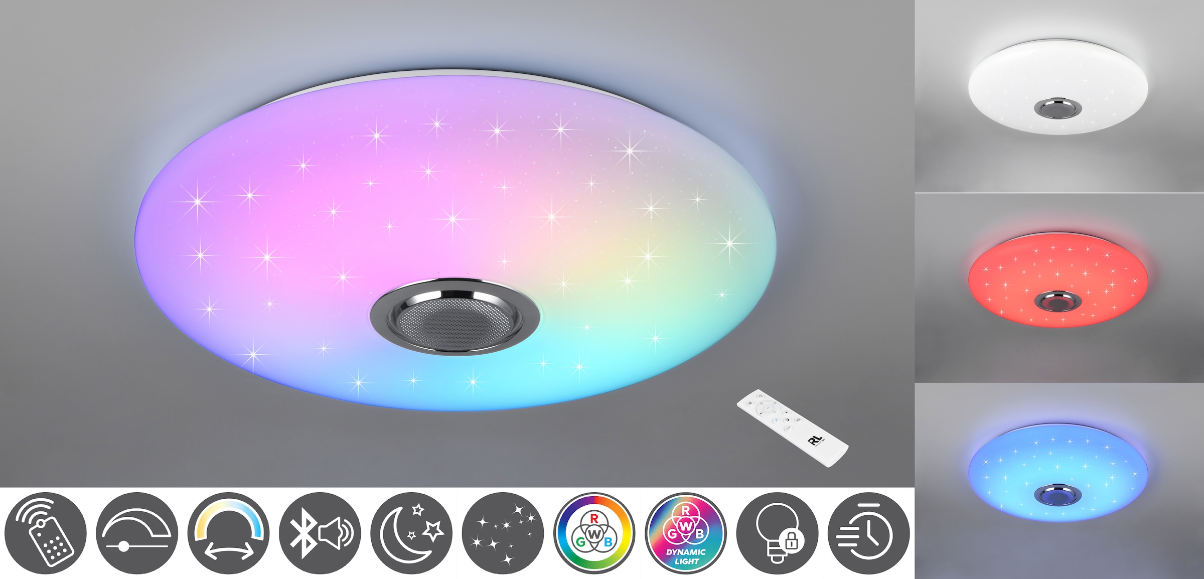 REALITY Leuchten LED Deckenleuchte »MUSICA, LED Deckenlampe mit Bluetooth Lautsprecher, Fernbedienung inkl« LED-Board 1 Stk. warmweiß - kaltweiß RGBW Farbwechsel mit Rainbow-Effekt, dimmbar, Timer, Starlight, Memory