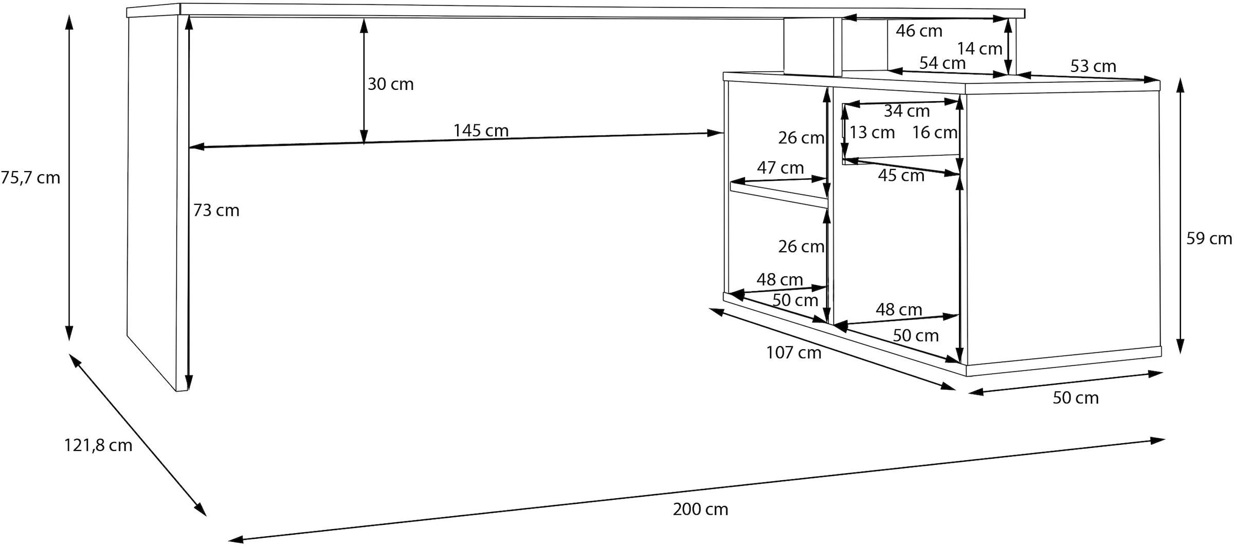 FORTE Schreibtisch »Eckschreibtisch Tezaur« mit viel Stauraum, B/H/T 200/75,7/121,8 cm