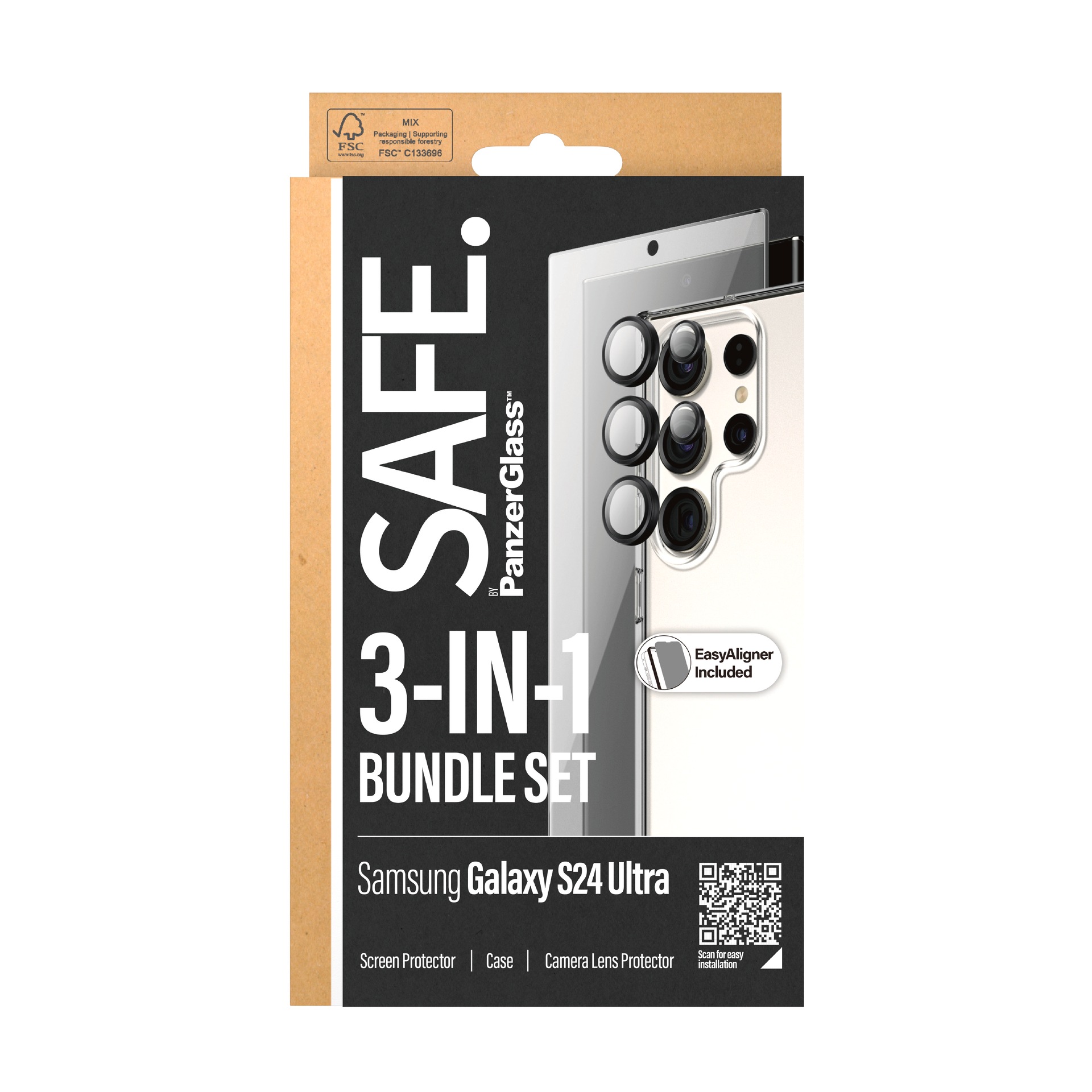 SAFE by PanzerGlass Displayschutzglas »3-in-1 Bundle Set Screen Protector, Case und Camera Lens Protector«, für Samsung Galaxy S24 Ultra, Displayschutzfolie, Backcover, Lens Cover, Rundumschutz